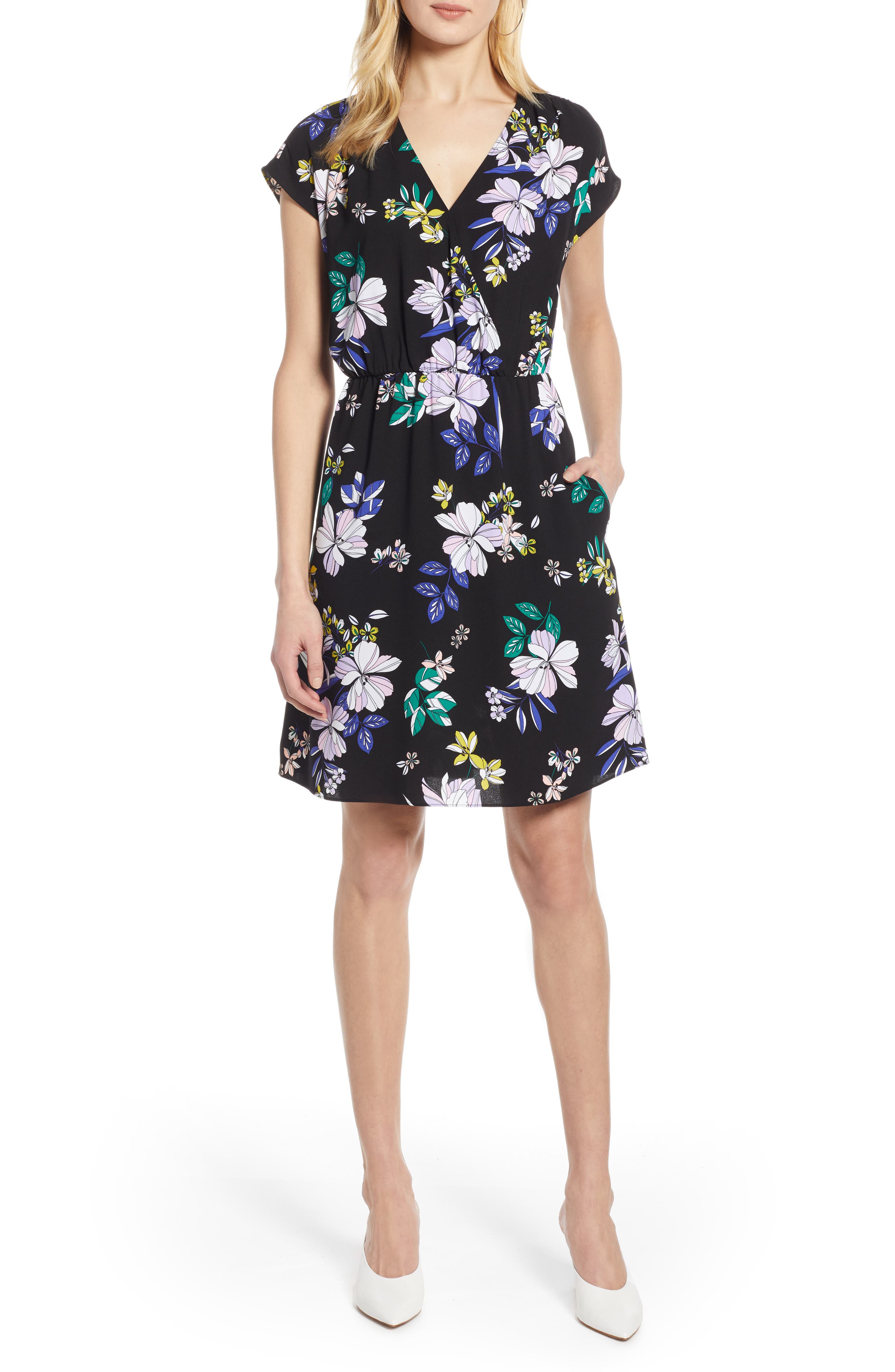 Petite Halogen Faux Wrap Dress, Black