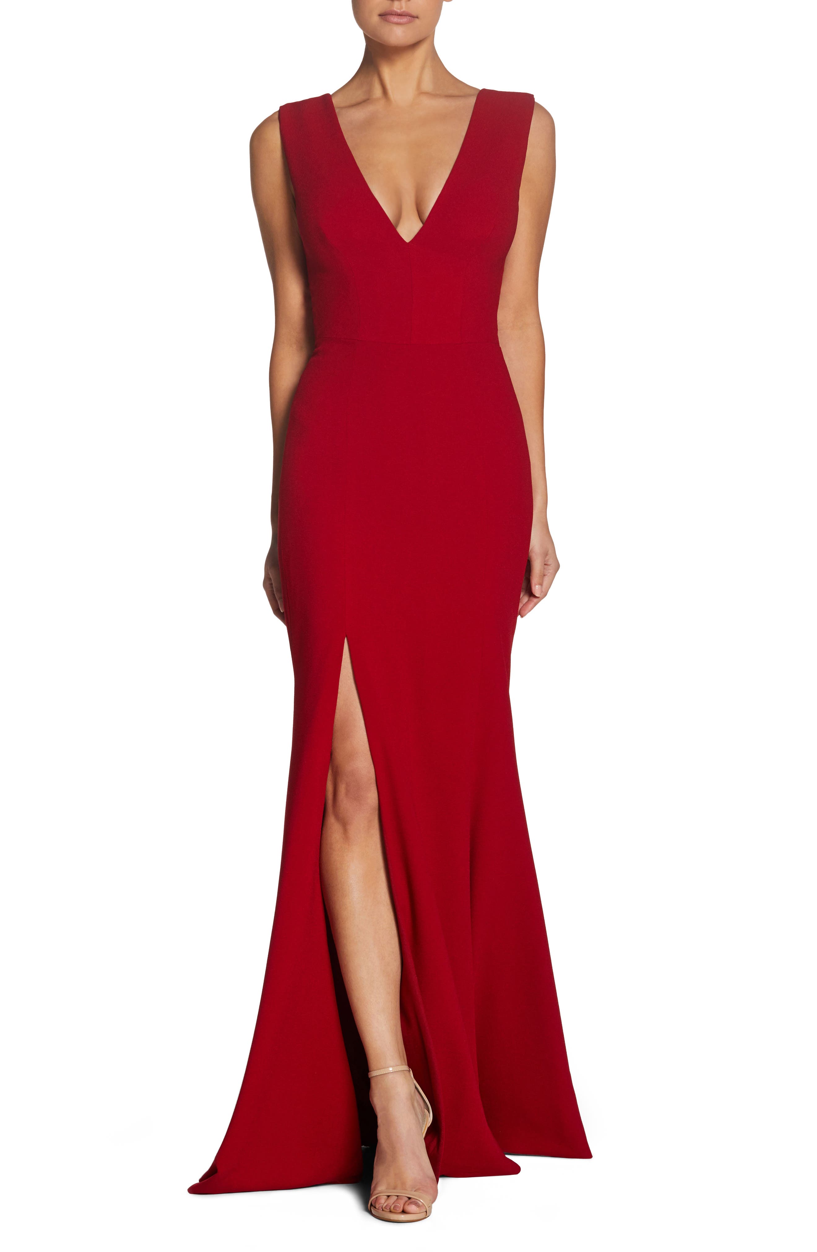 Dress The Population Sandra Plunge Crepe Trumpet Gown, Red