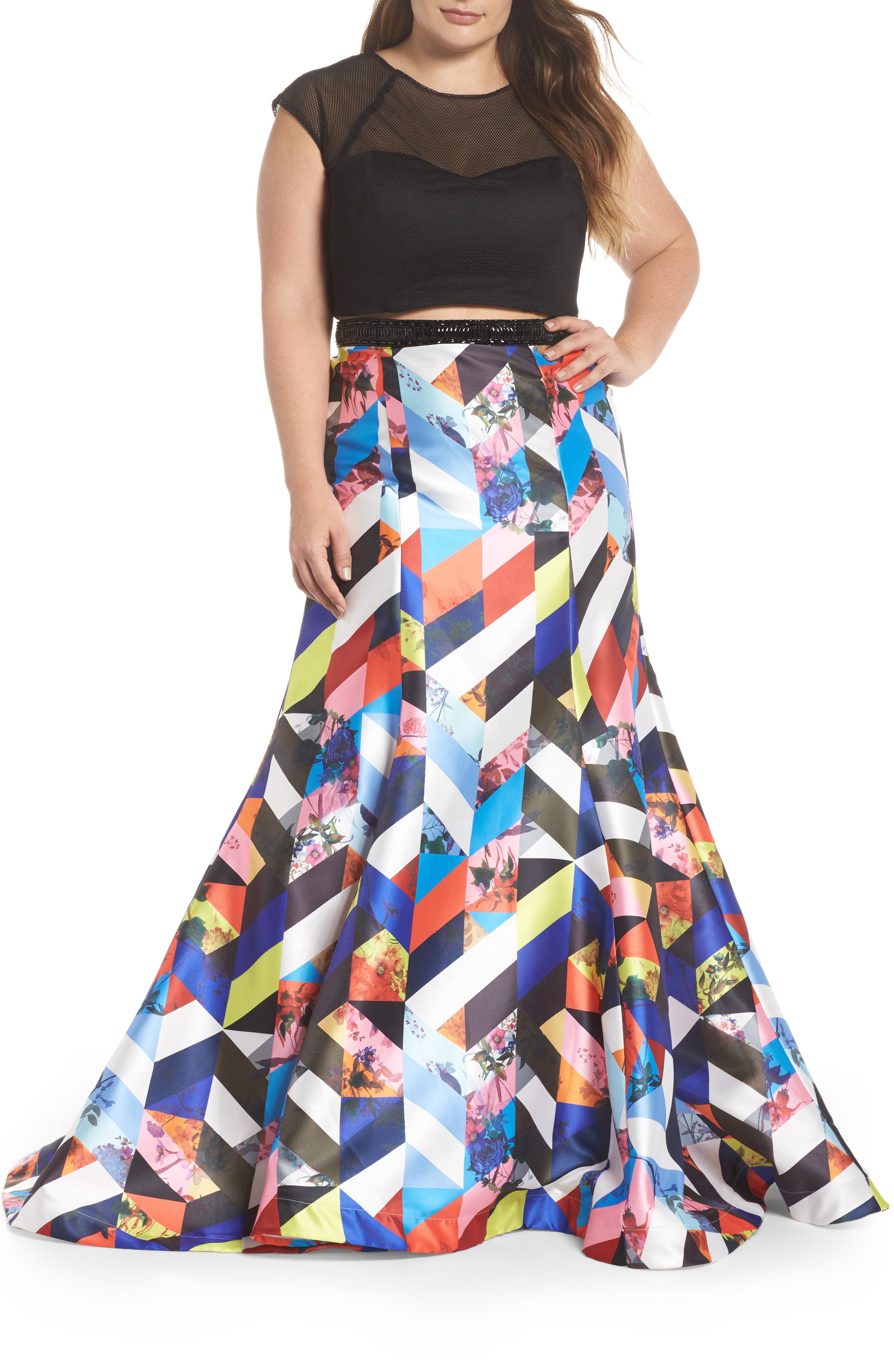 Plus Size MAC Duggal Mesh & Print Two-Piece Gown