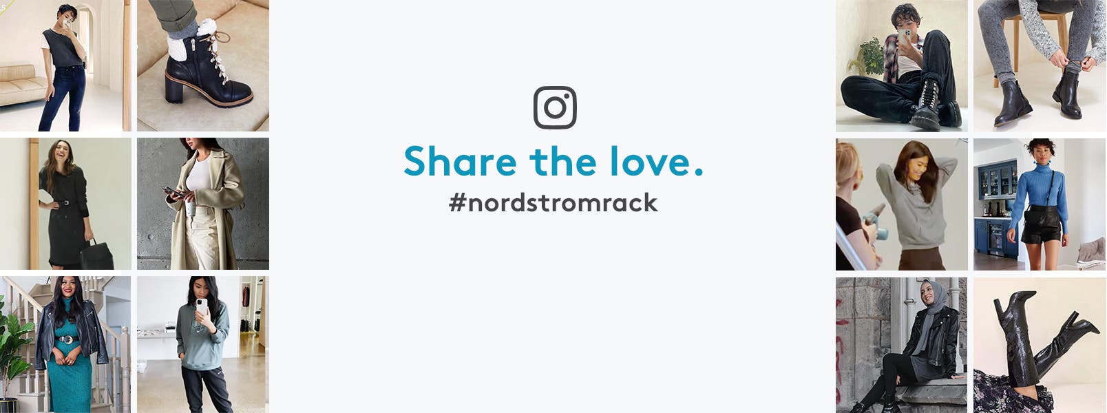 Share the love on Instagram. #nordstromrack. Images of IG logo, colorful handbags, sunglasses, flip flops, sun hat, sunscreen, women in sundress and activewear, tennis shoes, sandals, Nordstrom-Anniversary-Sale-is-coming banner, summer wardrobe, pastel dishes, candle and plant holder.