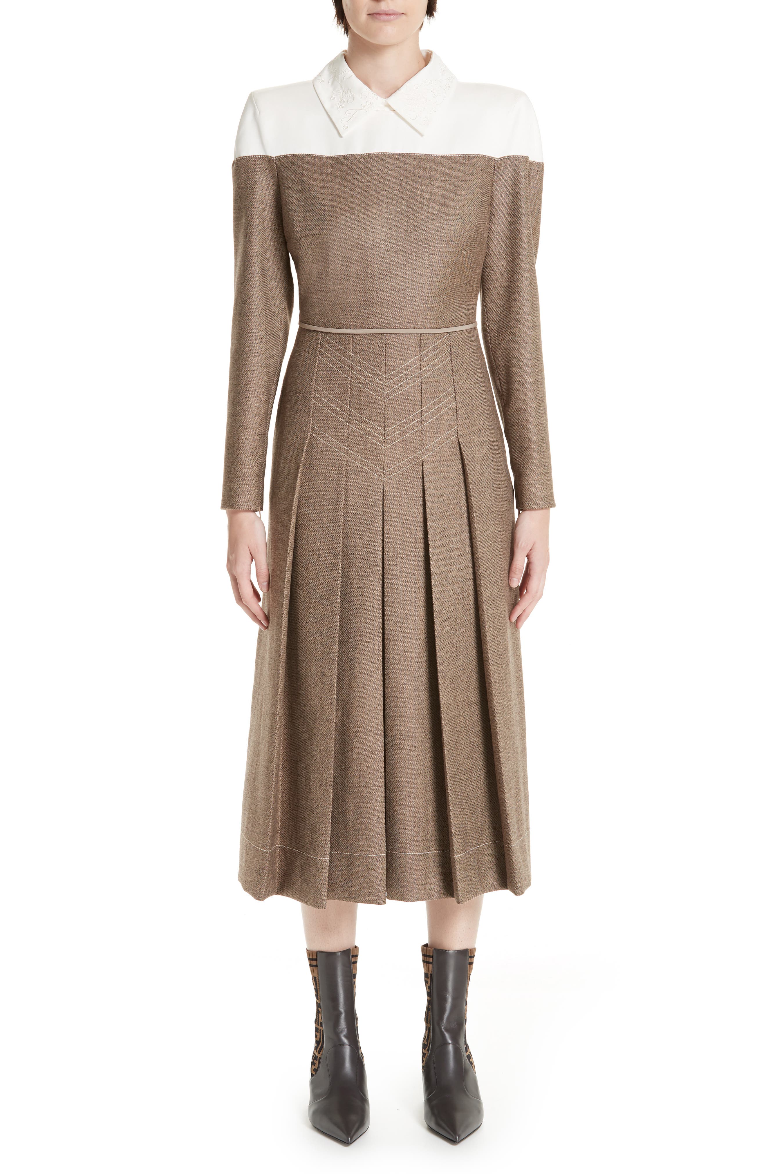 Fendi Silk Yoke Pleated Tweed Dress, US / 40 IT - Grey