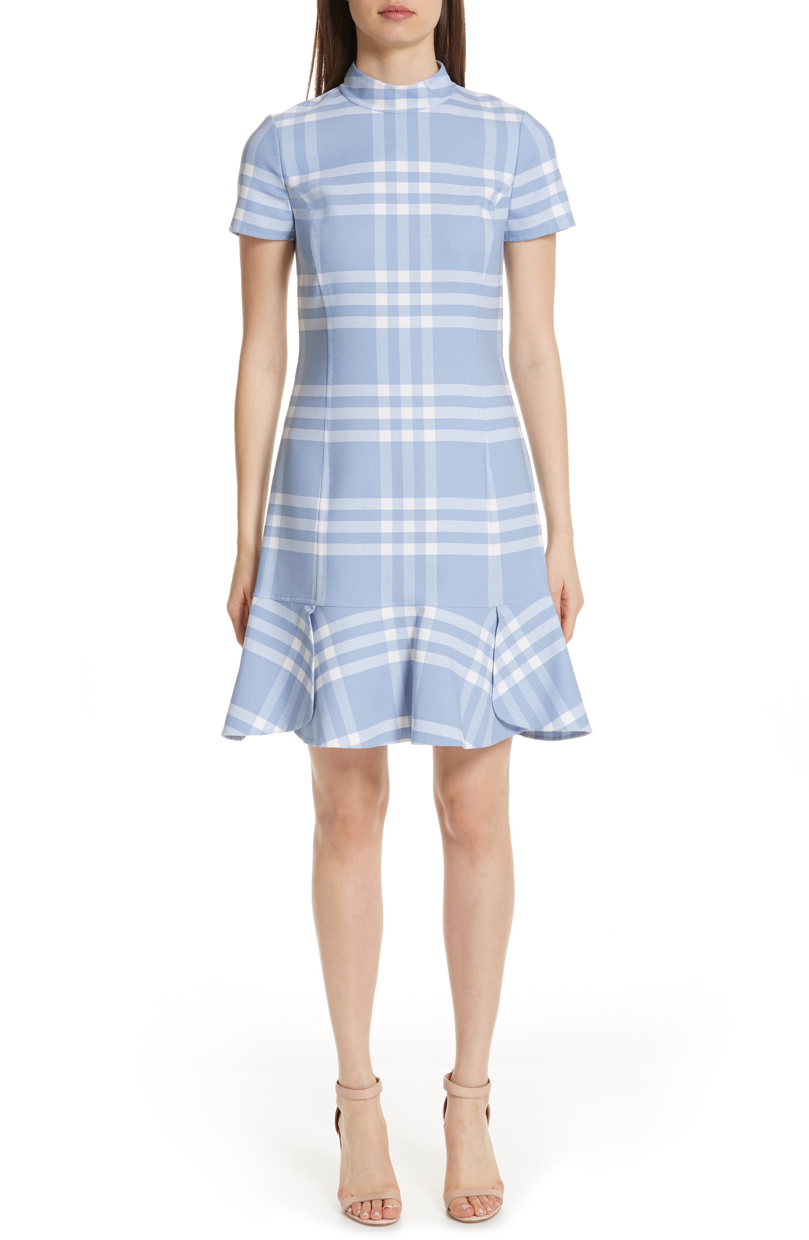 Oscar De La Renta Checkered Ruffle Hem Stretch Wool Dress, Blue