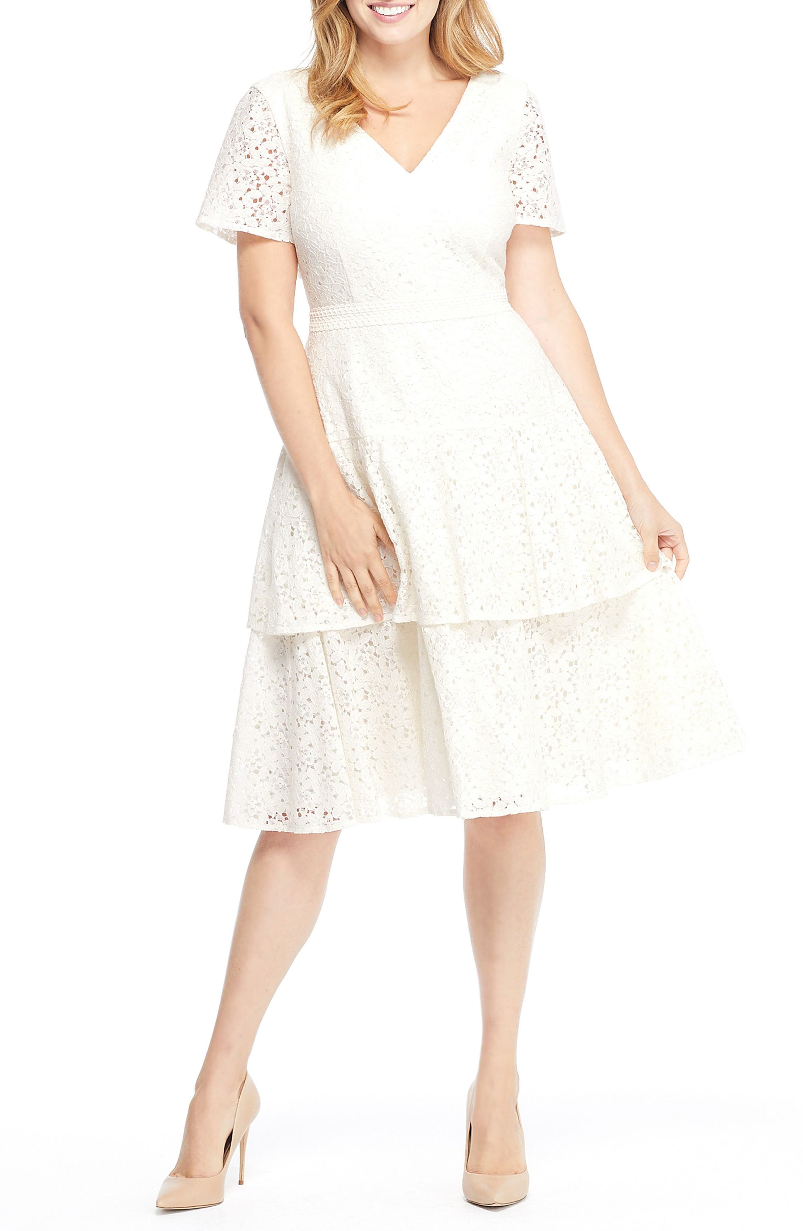 Gal Meets Glam Collection Doris Bow Back Tiered Skirt Lace Dress, Ivory