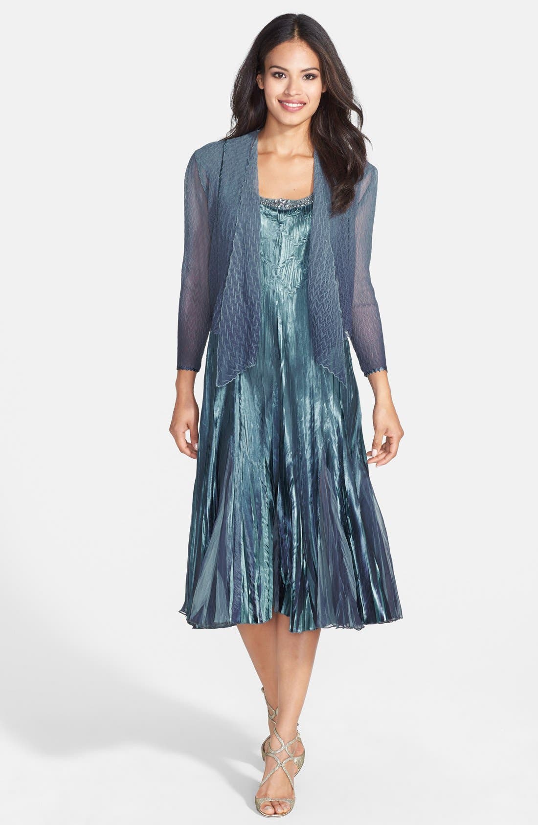 Komarov Embellished Pleat Mixed Media Dress With Jacket