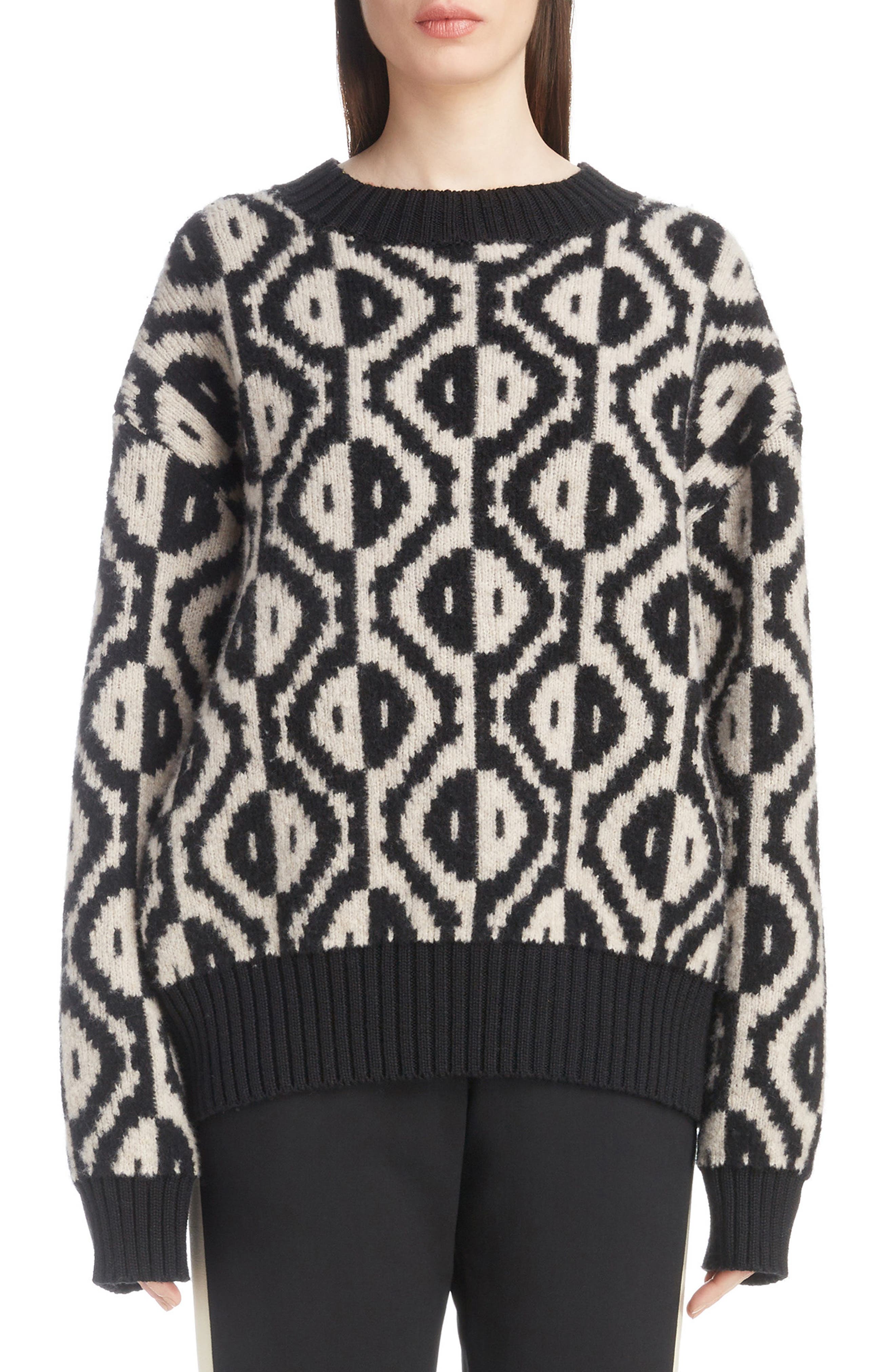Dries Van Noten Geo Jacquard Merino Wool Blend Sweater, Black
