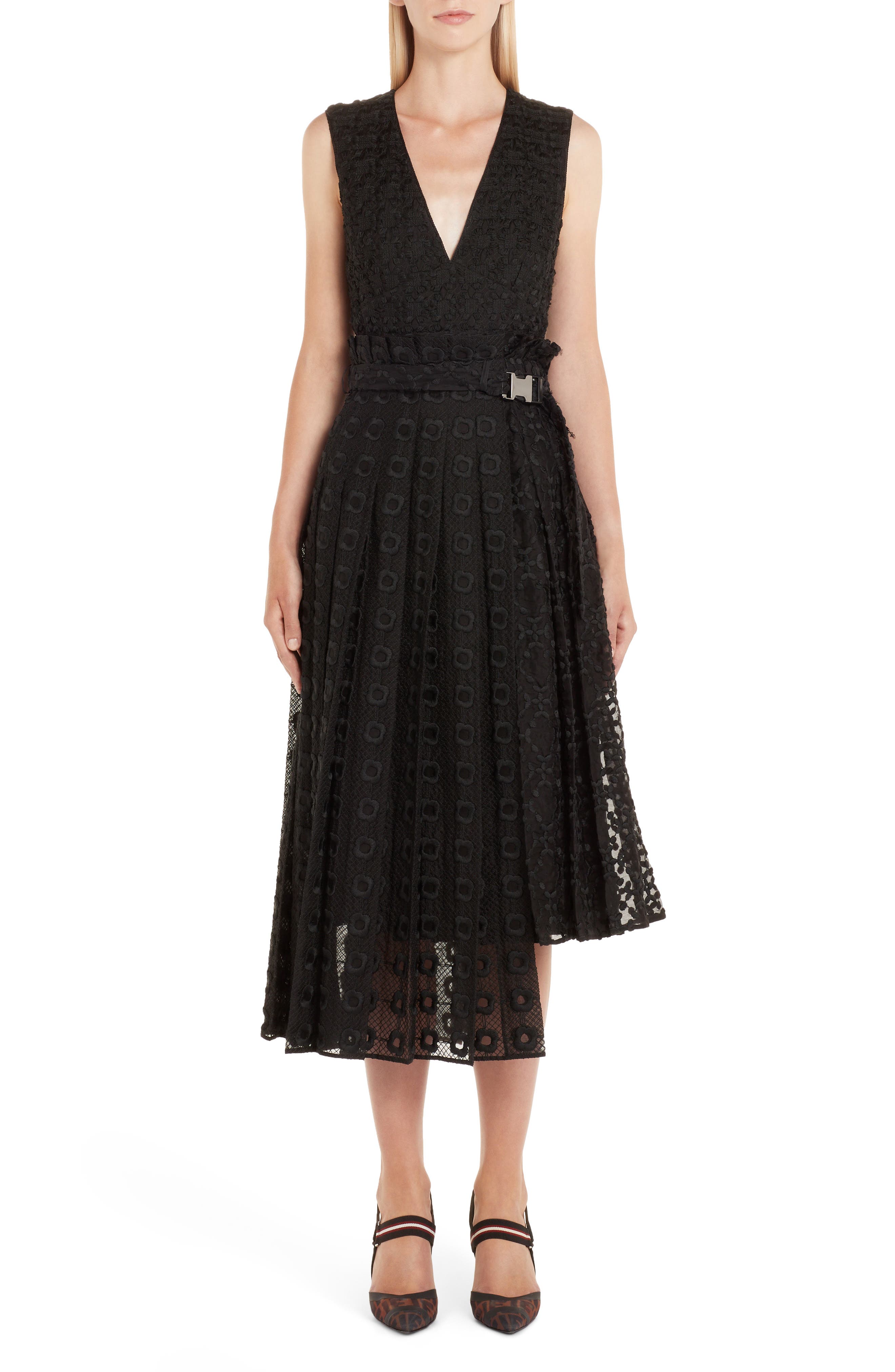 Fendi Asymmetrical Embroidered Organza Lace Dress, US / 44 IT - Black
