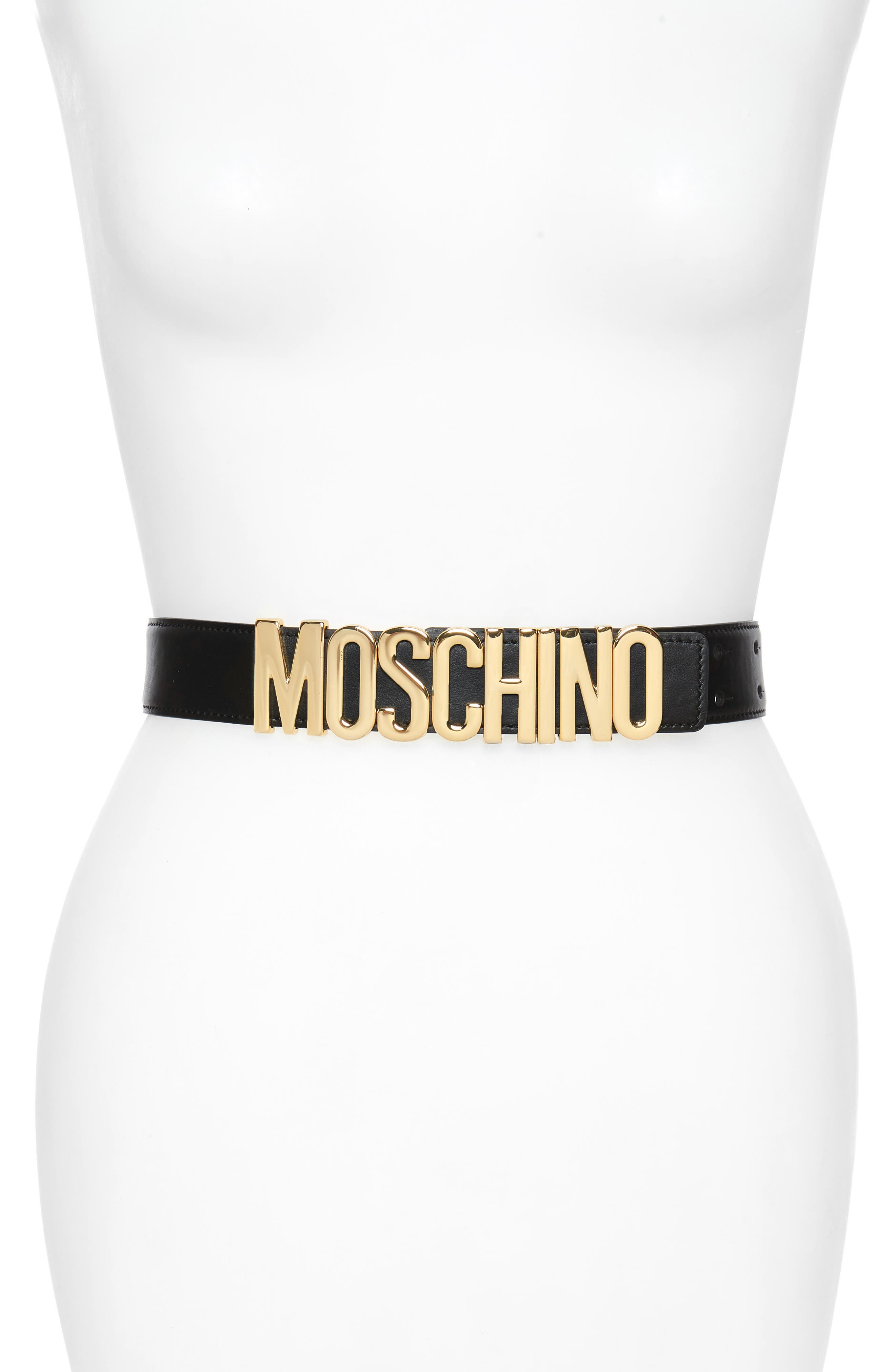 Moschino Logo Plate Calfskin Belt, Black/ Gold