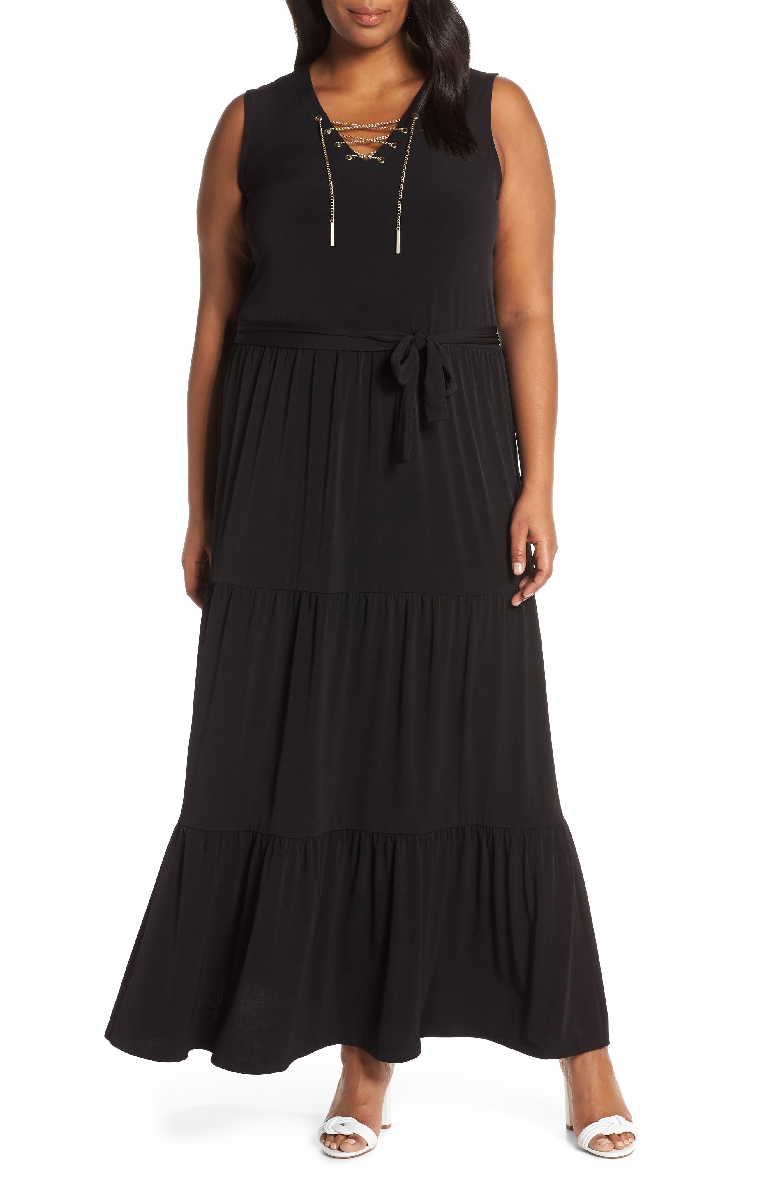 Plus Size Michael Michael Kors Lace Up Stretch Knit Maxi Dress, Black