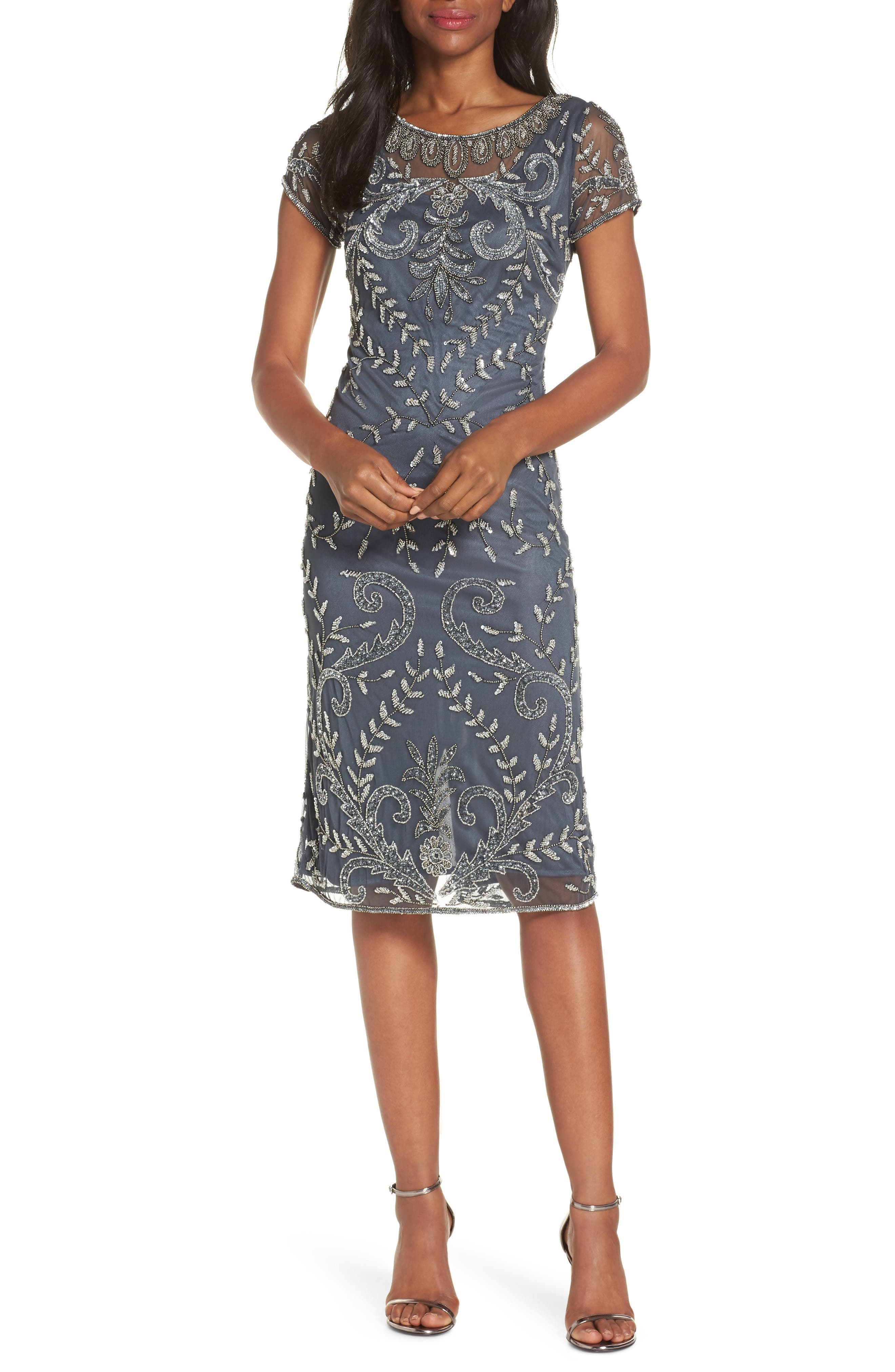 Pisarro Nights Illusion Neck Beaded Sheath Dress, Grey