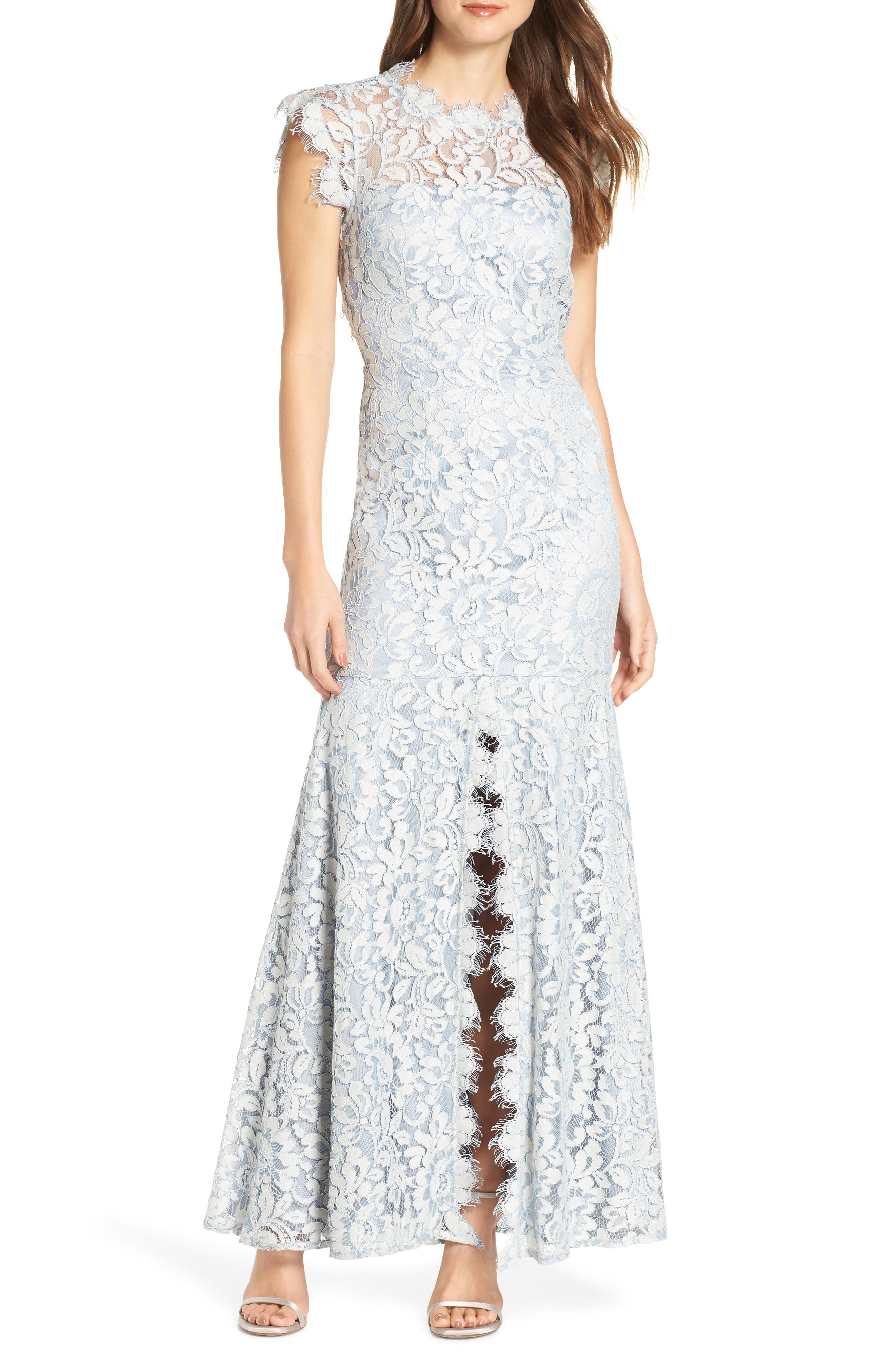 Eliza J Front Slit Trumpet Skirt Lace Evening Dress, Blue