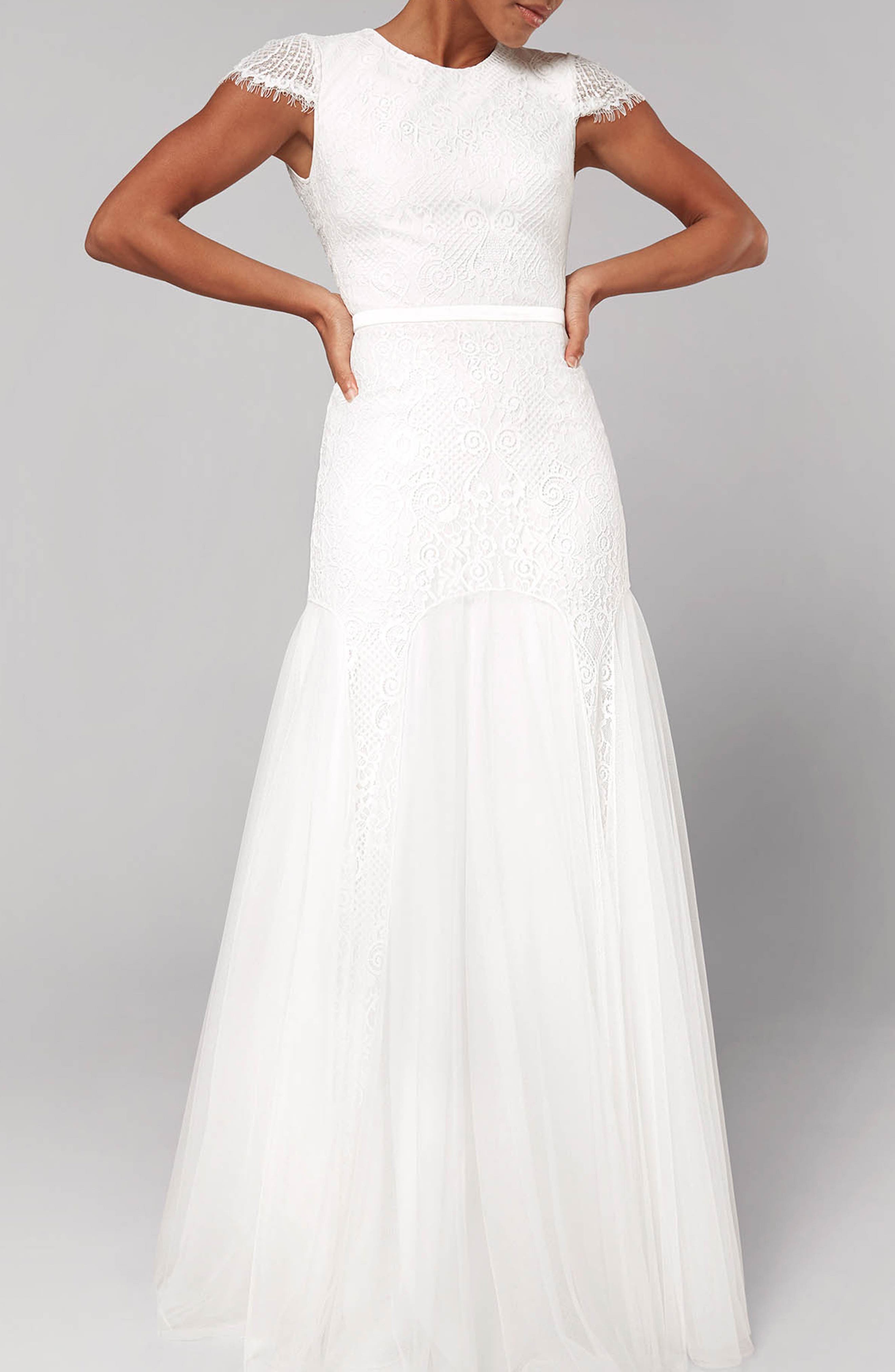 Fame And Partners Denevue Lace & Tulle A-Line Gown, White