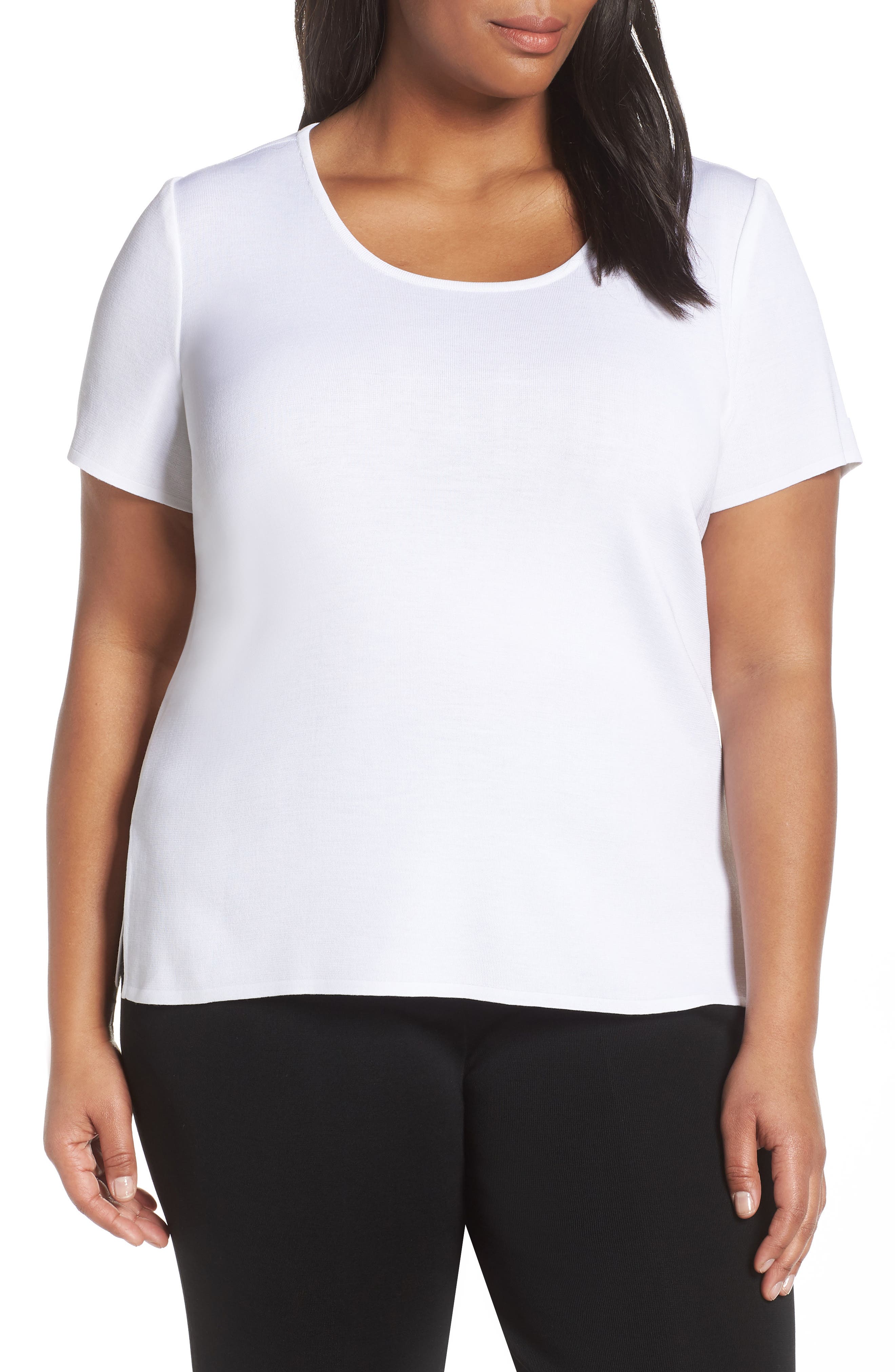 Plus Size Ming Wang Scoop Neck Knit Top, White