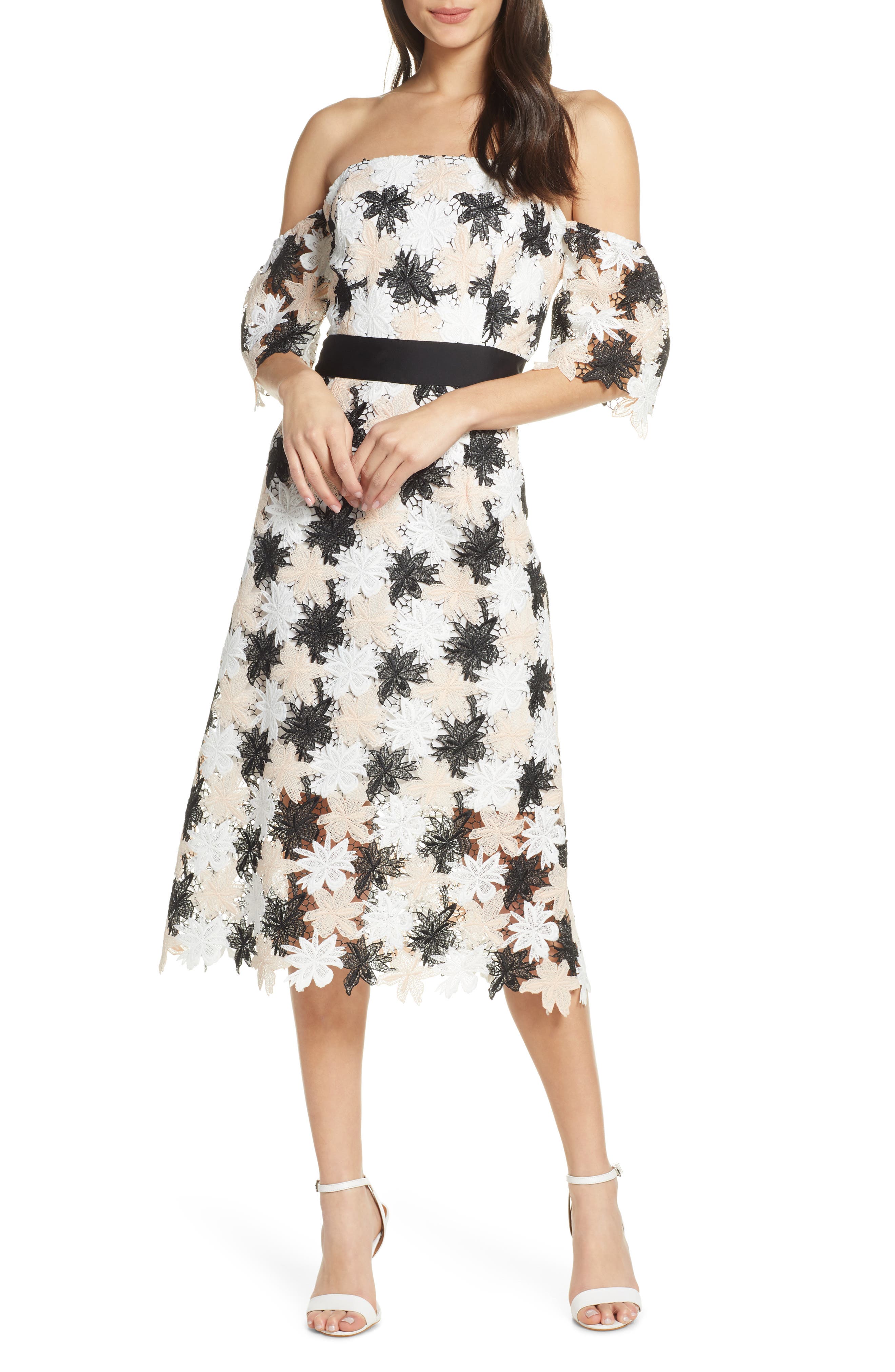 Sam Edelman Off The Shoulder Tricolor Lace Dress, White
