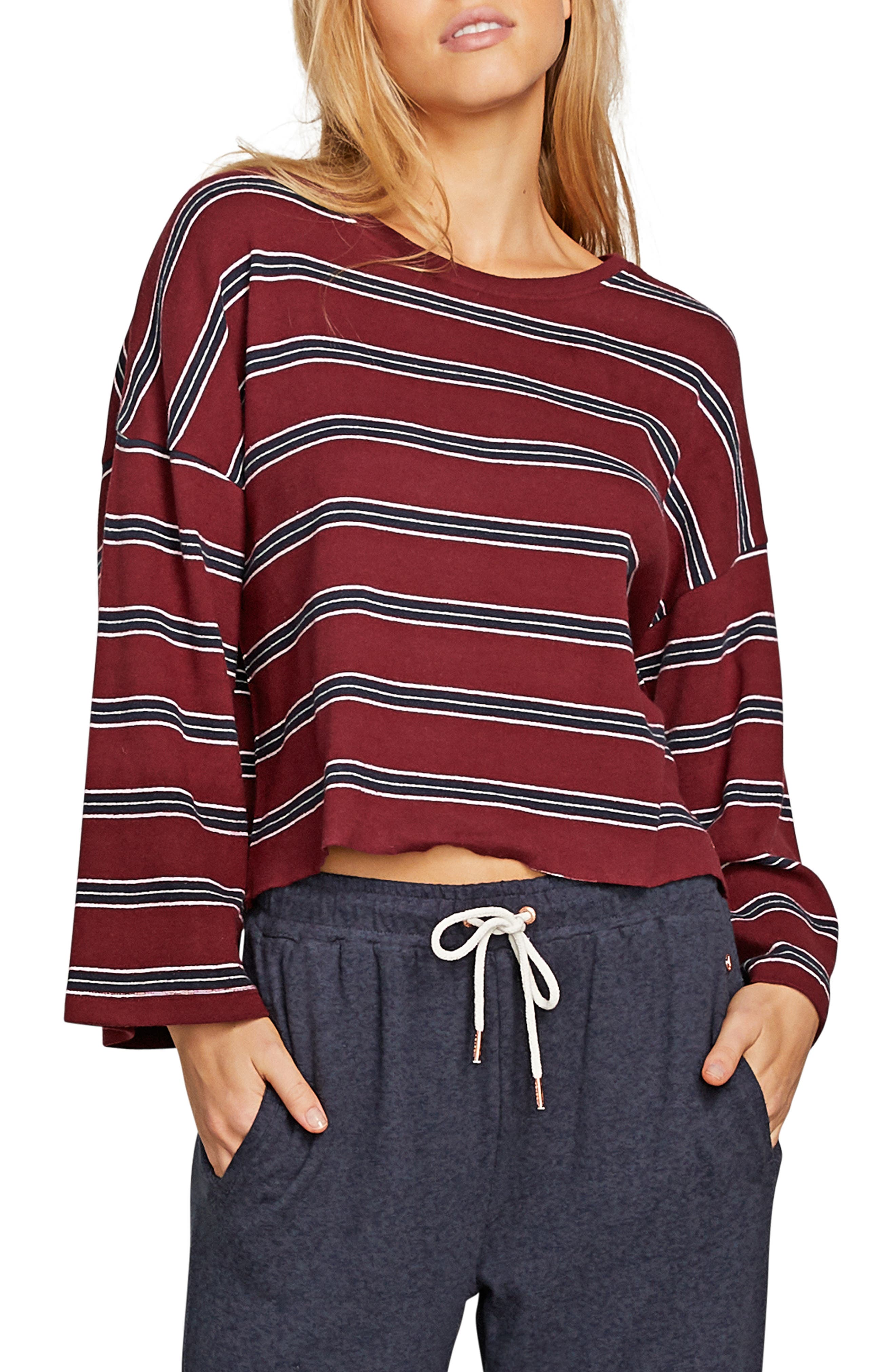 Volcom Stripe Crop Tee, Burgundy