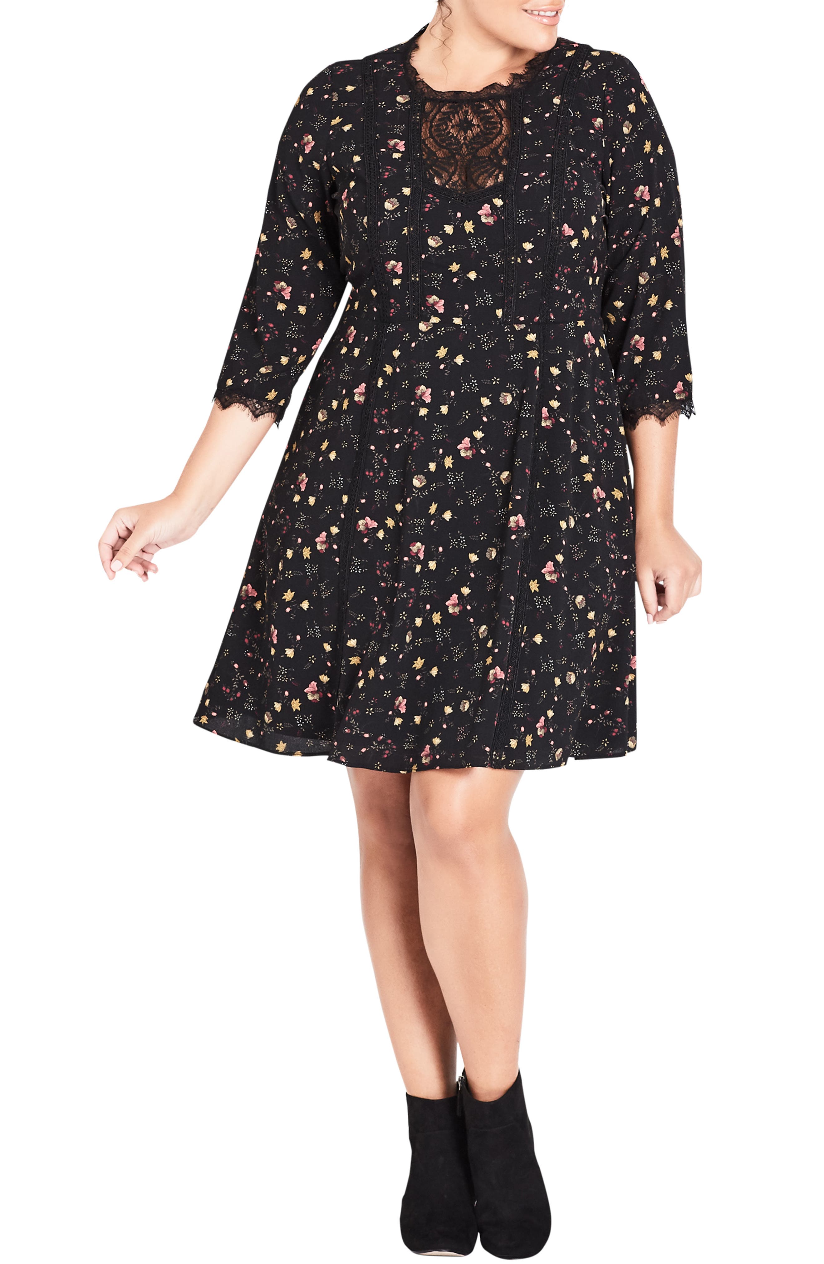 Plus Size City Chic Dream Ditsy Floral Print Dress, Black