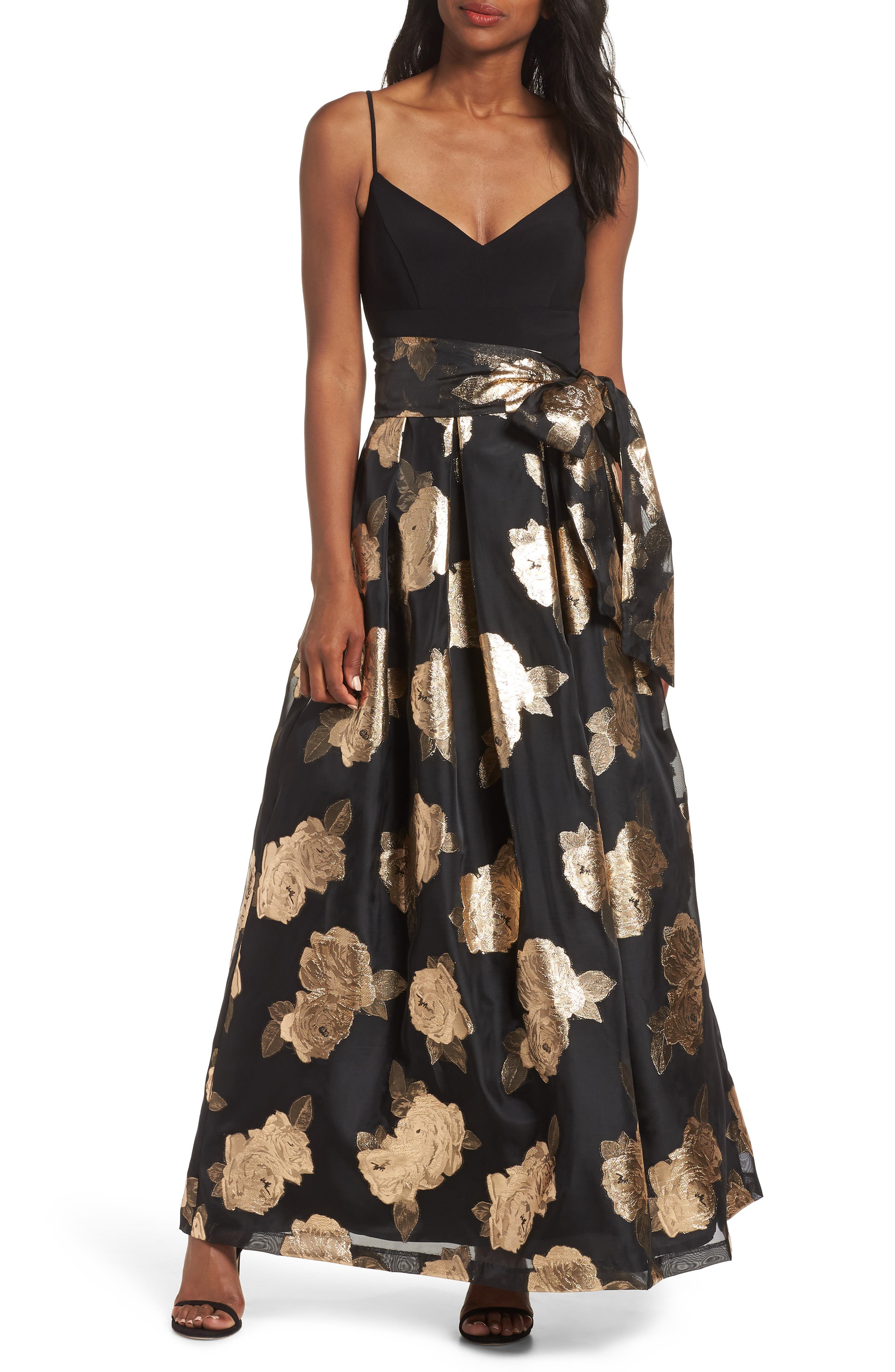 Eliza J Jacquard Floral Gown, Black