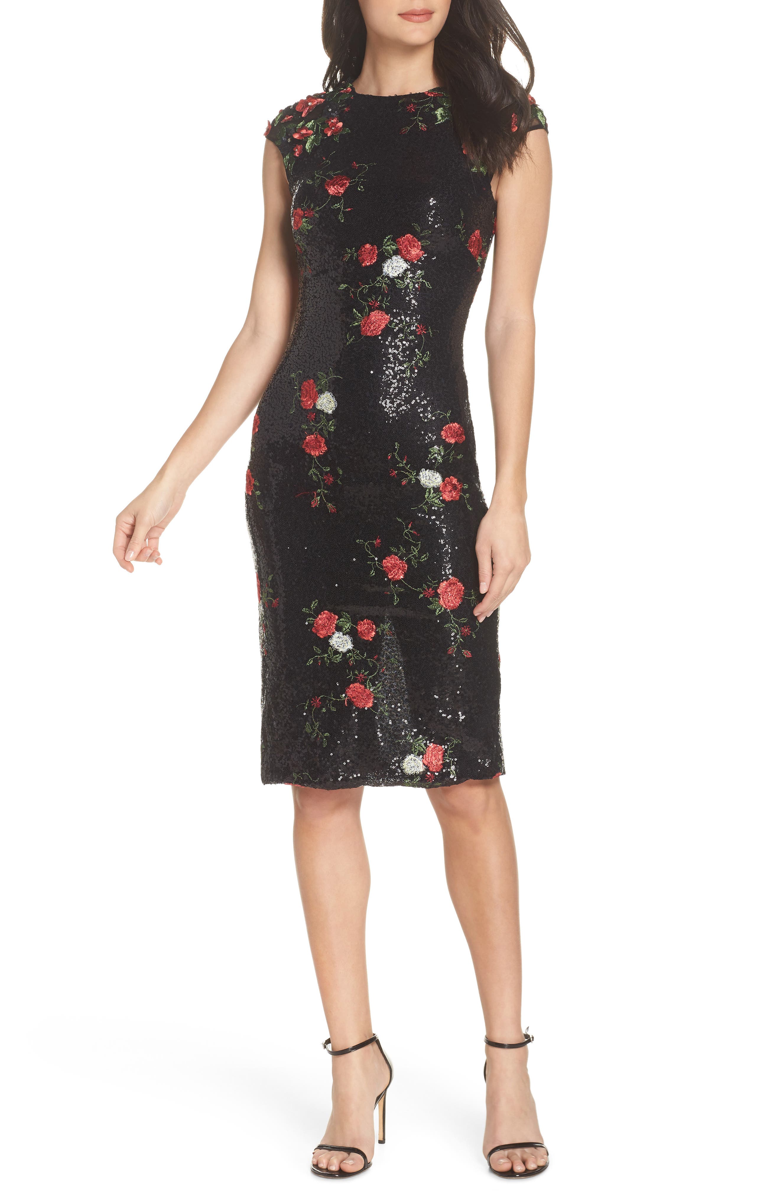 MAC Duggal Sequin & Embroidery Sheath Dress, Black