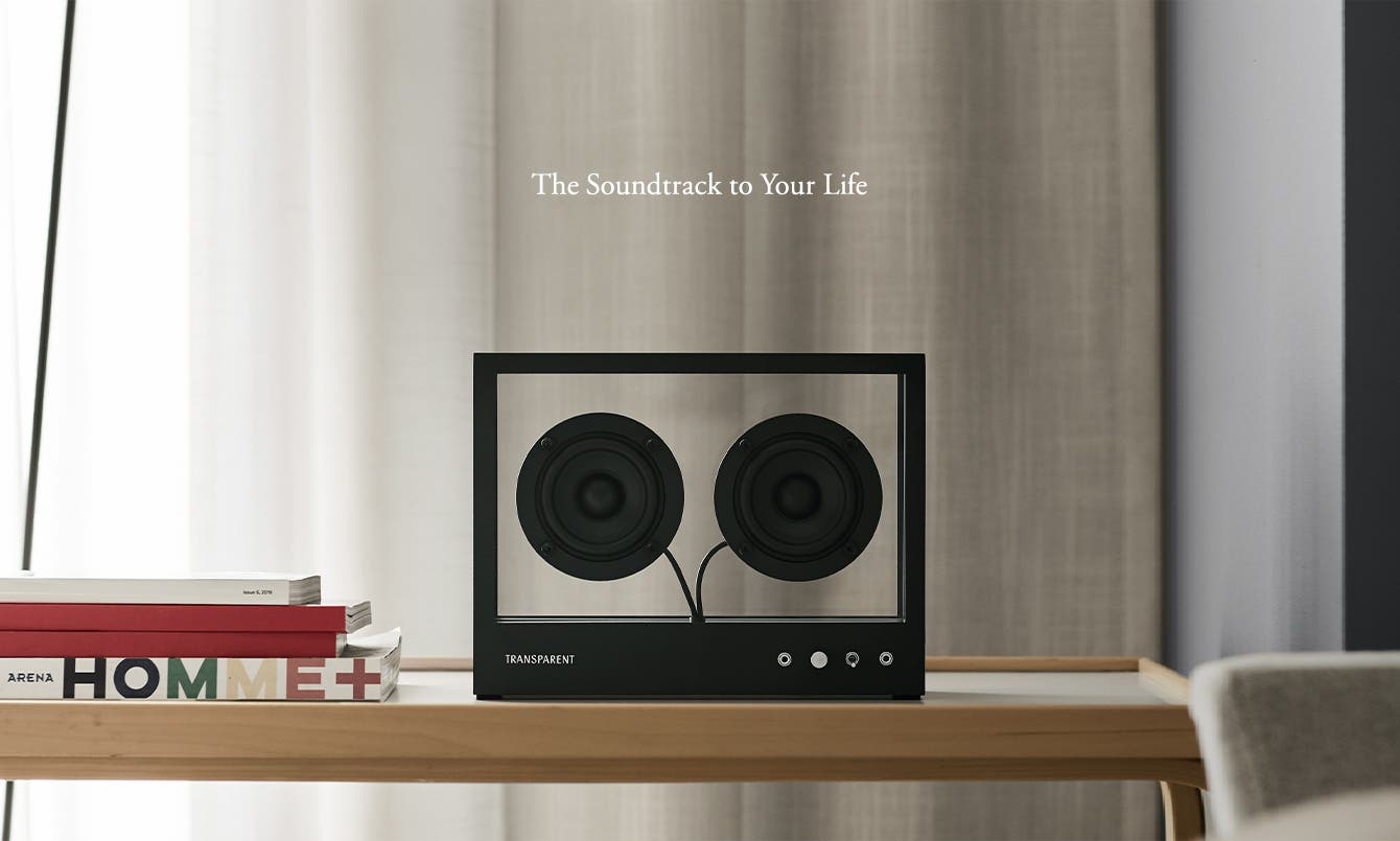 Transparent Sound's Transparent Speaker on bookshelf.