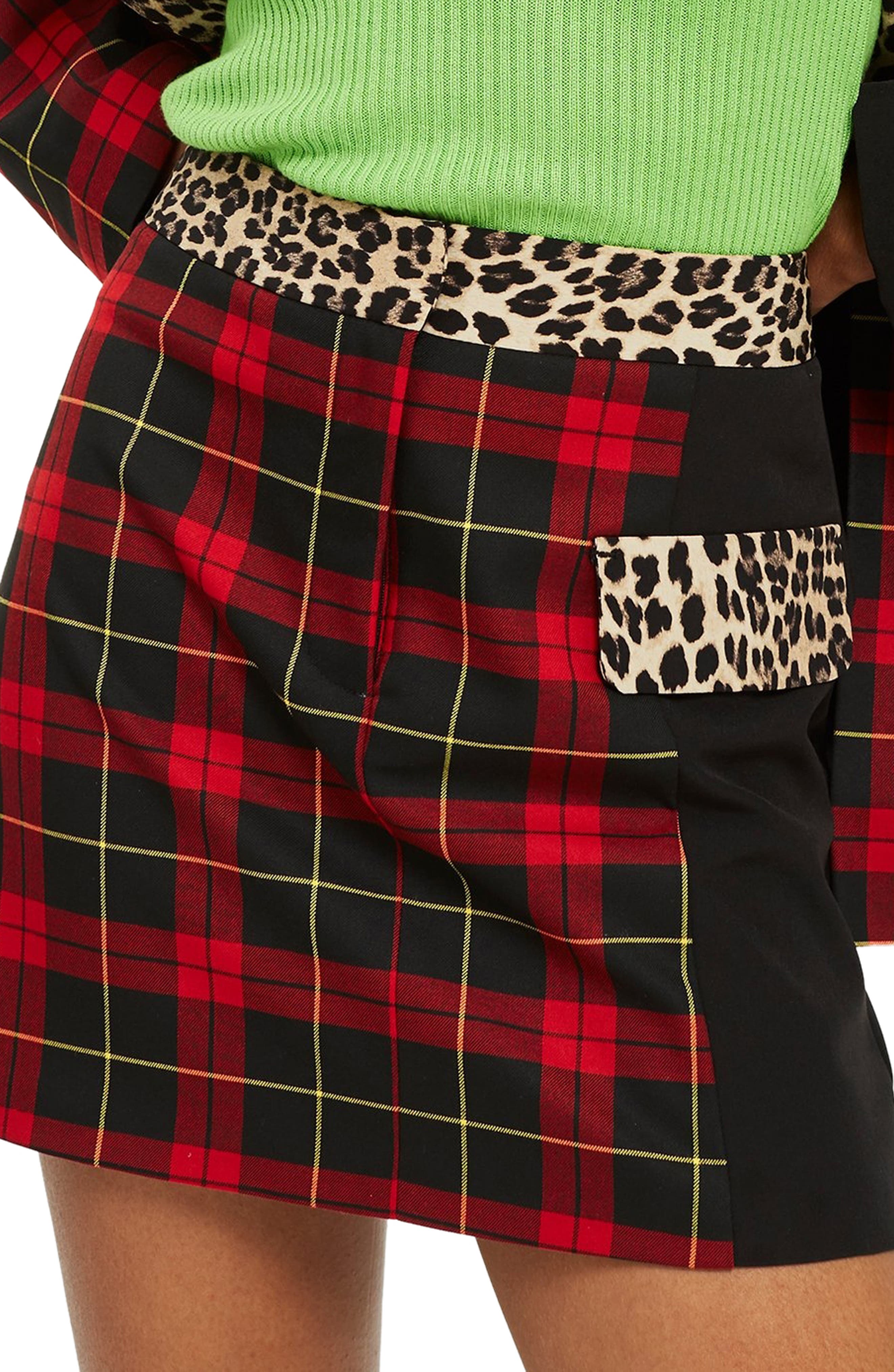 Topshop Leopard Trim Tartan Skirt