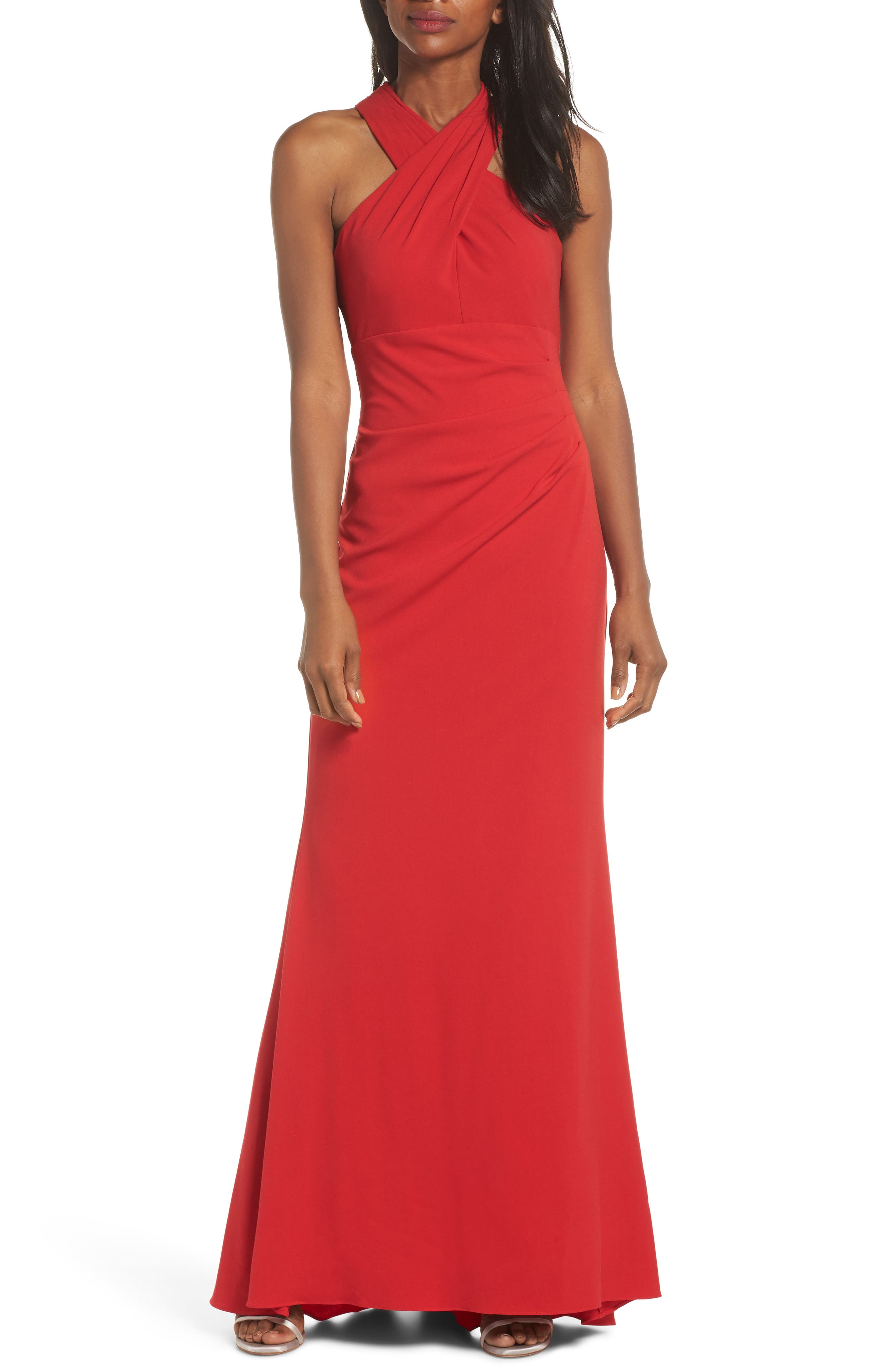 Eliza J Side Pleat Crossneck Gown, Red