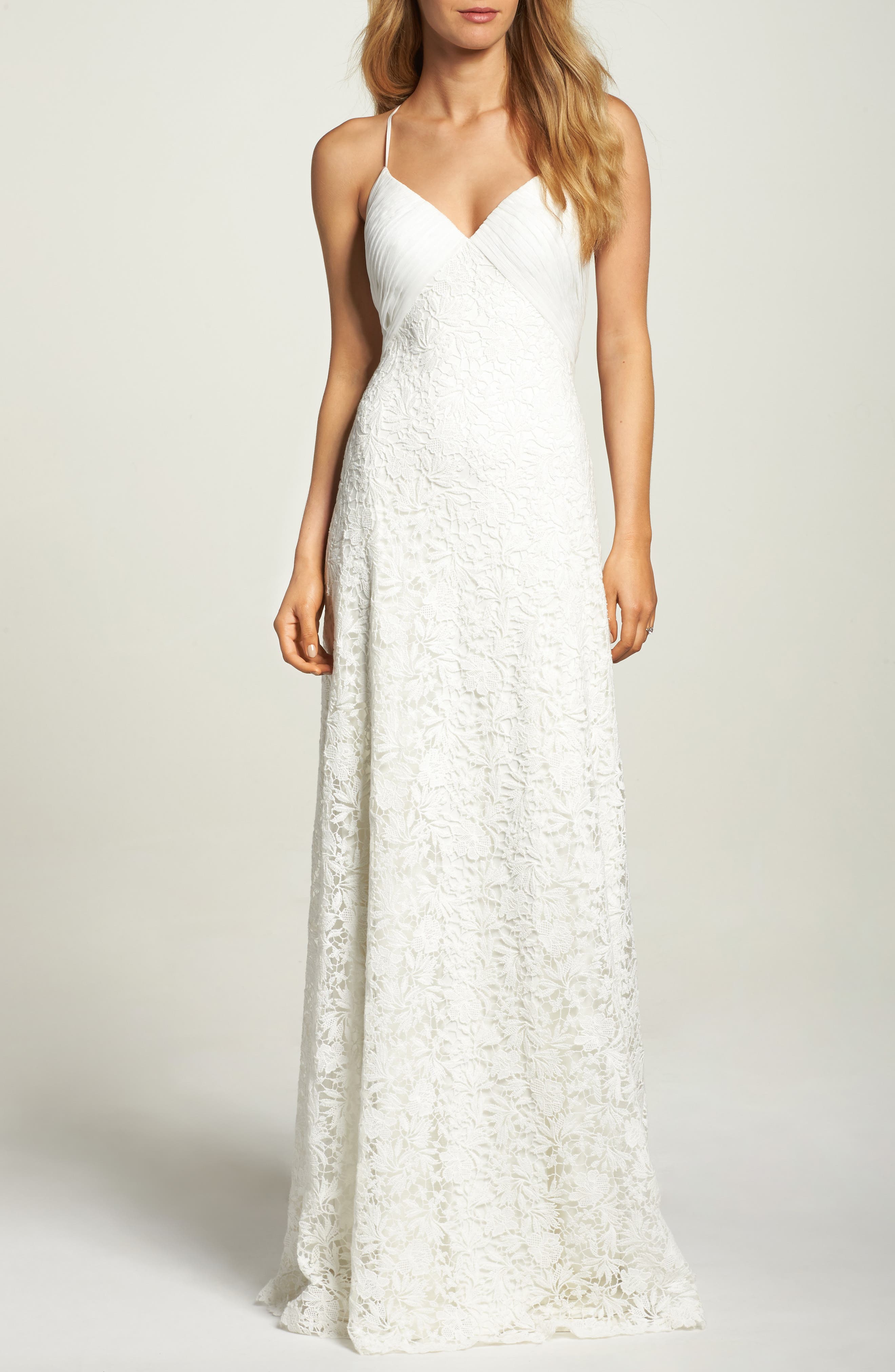 Tadashi Shoji Pleat Back Lace Gown, Ivory
