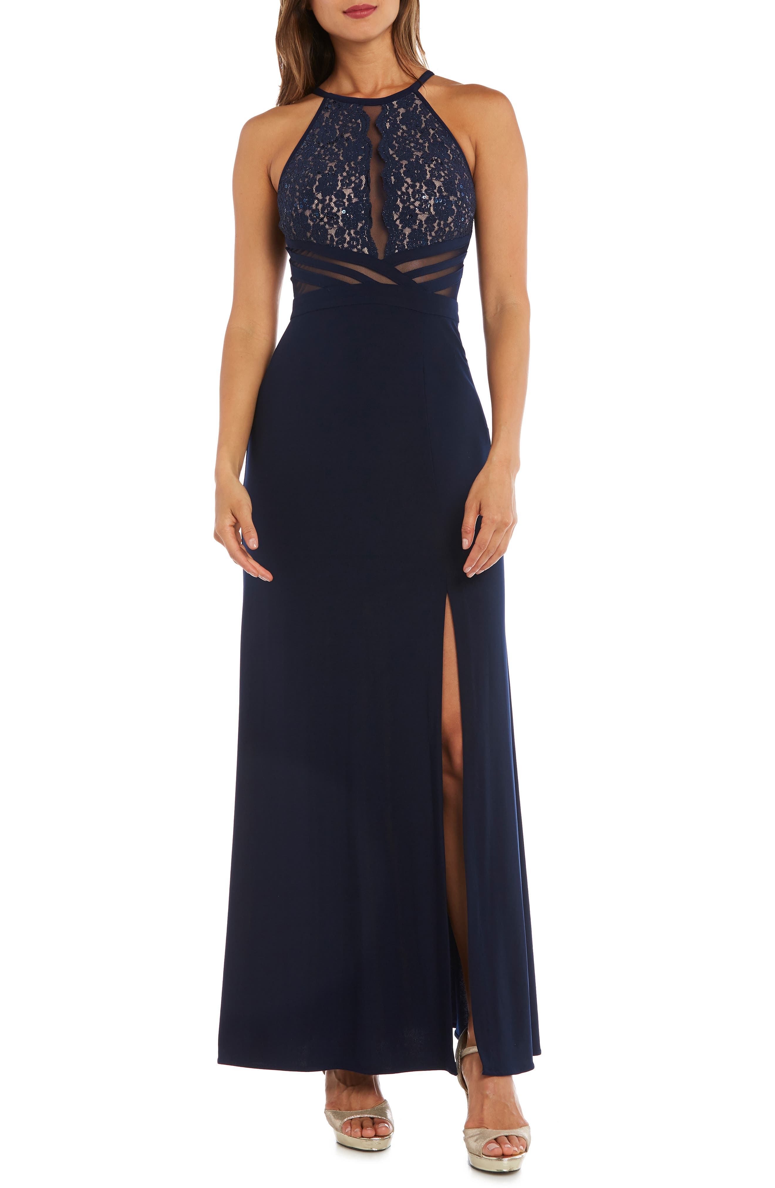 Morgan & Co. Lace & Illusion Mesh Bodice Gown, Blue