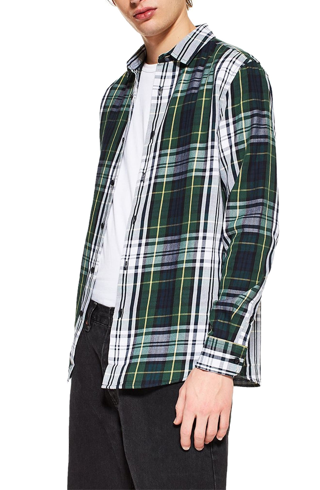 Topman Tartan Slim Fit Sport Shirt, Green