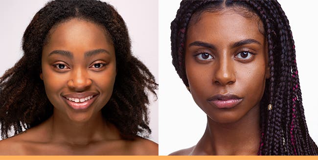 Two women with brown skin in UOMA Beauty's Brown Sugar foundation shade.