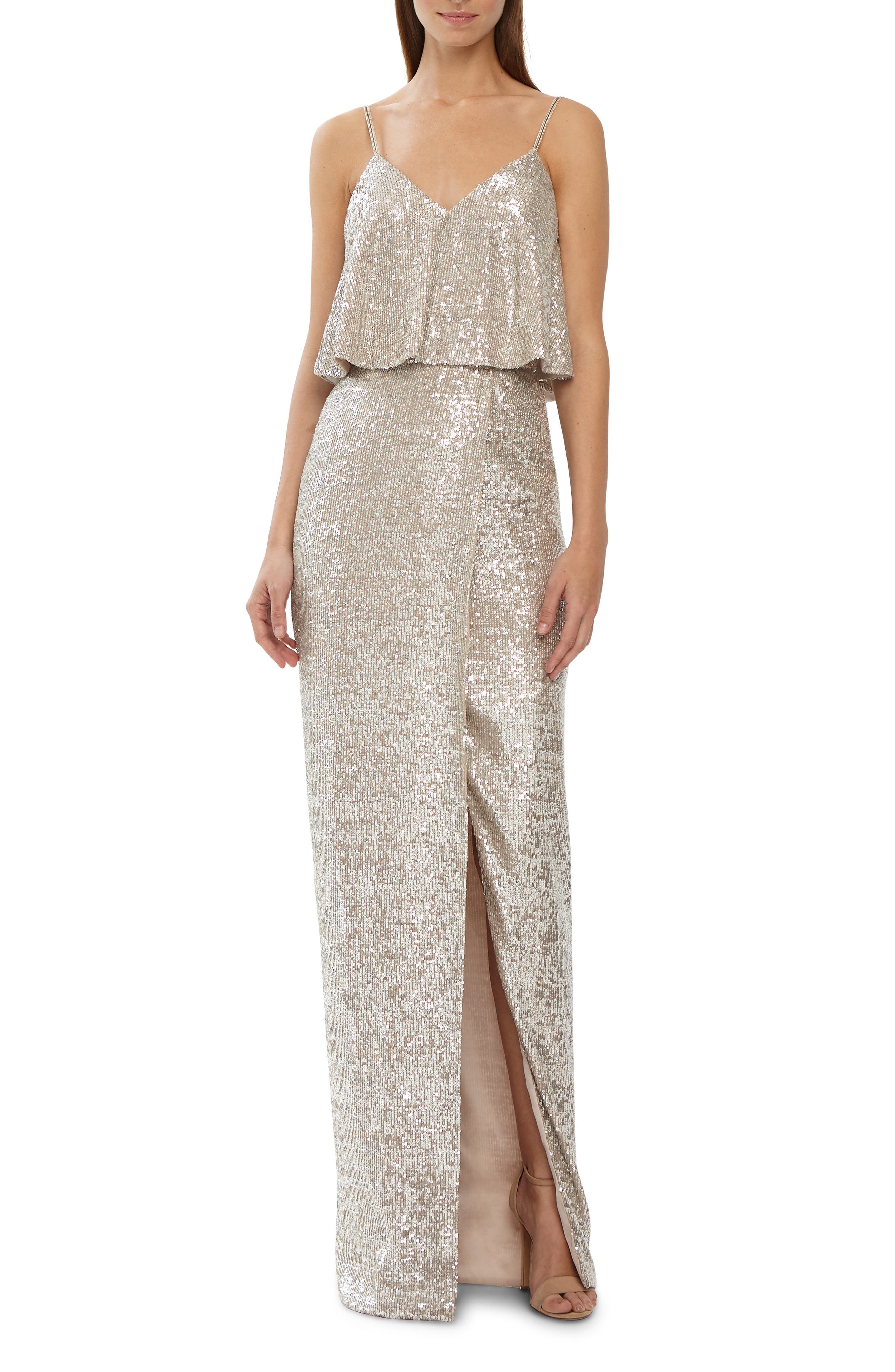 Ml Monique Lhuillier Sequins Front Slit Gown, Metallic