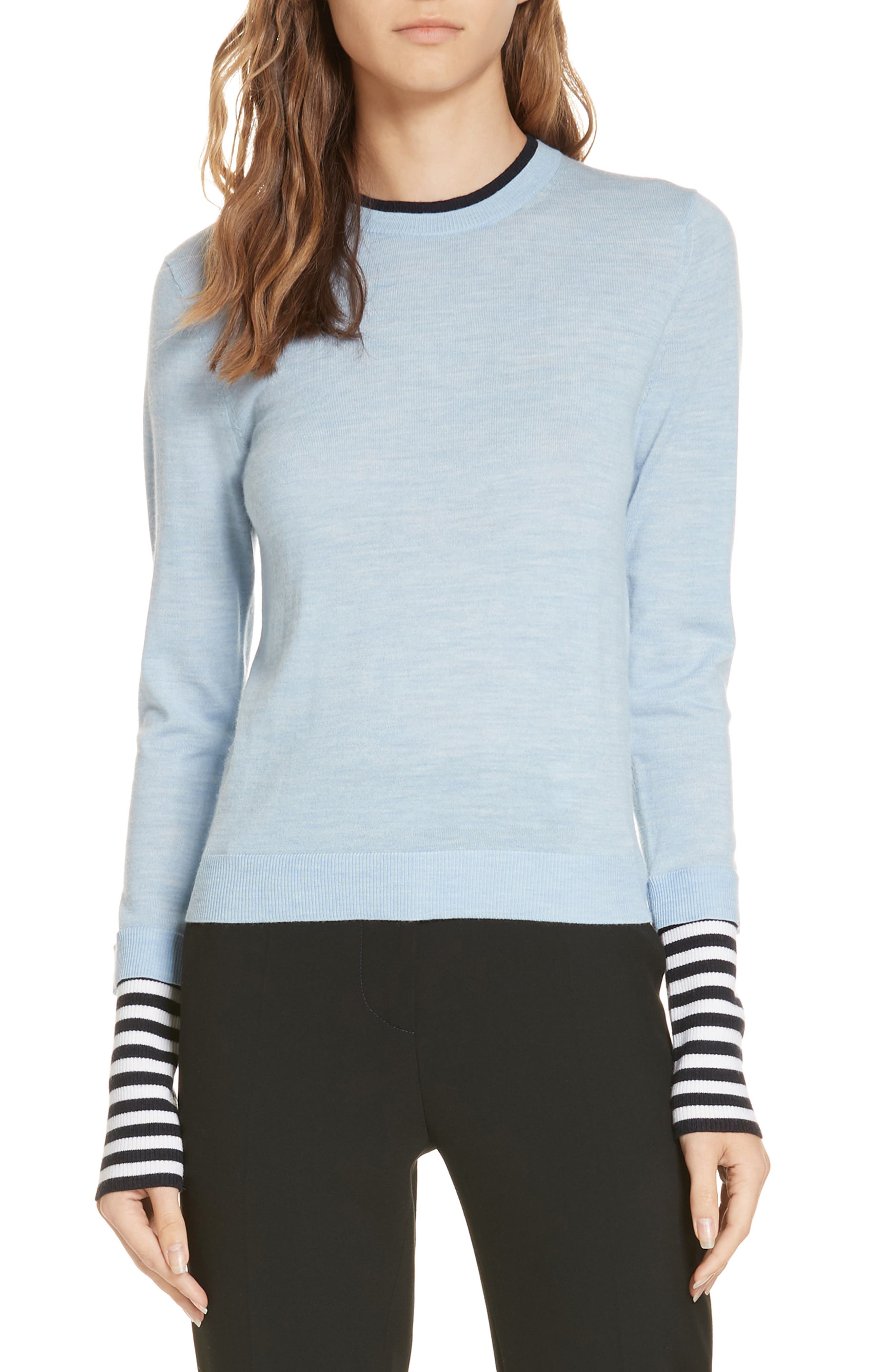Veronica Beard Avory Contrast Cuff Merino Wool Sweater, Blue
