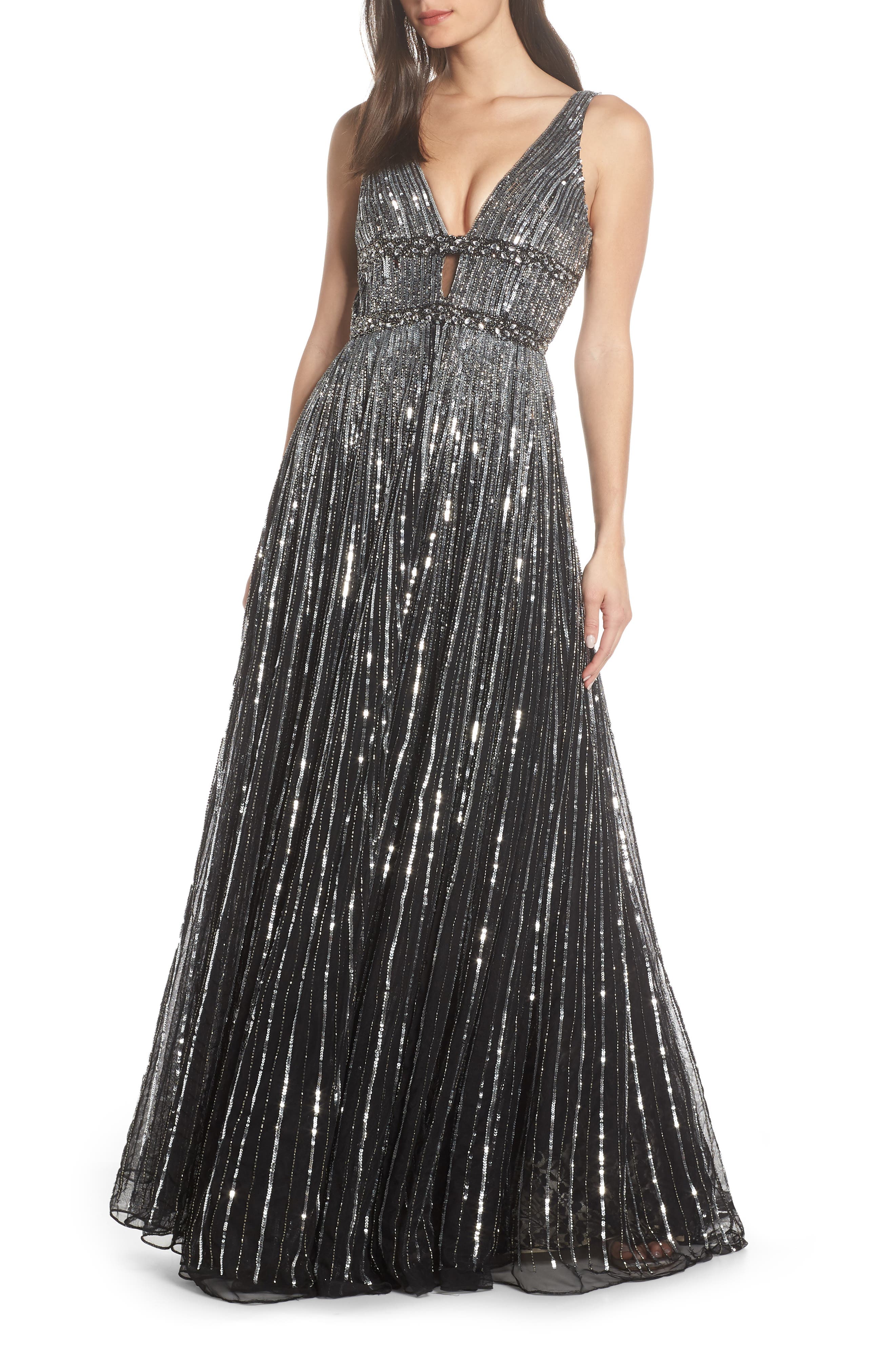 MAC Duggal Deep V-Neck Sequin Stripe Gown, Black