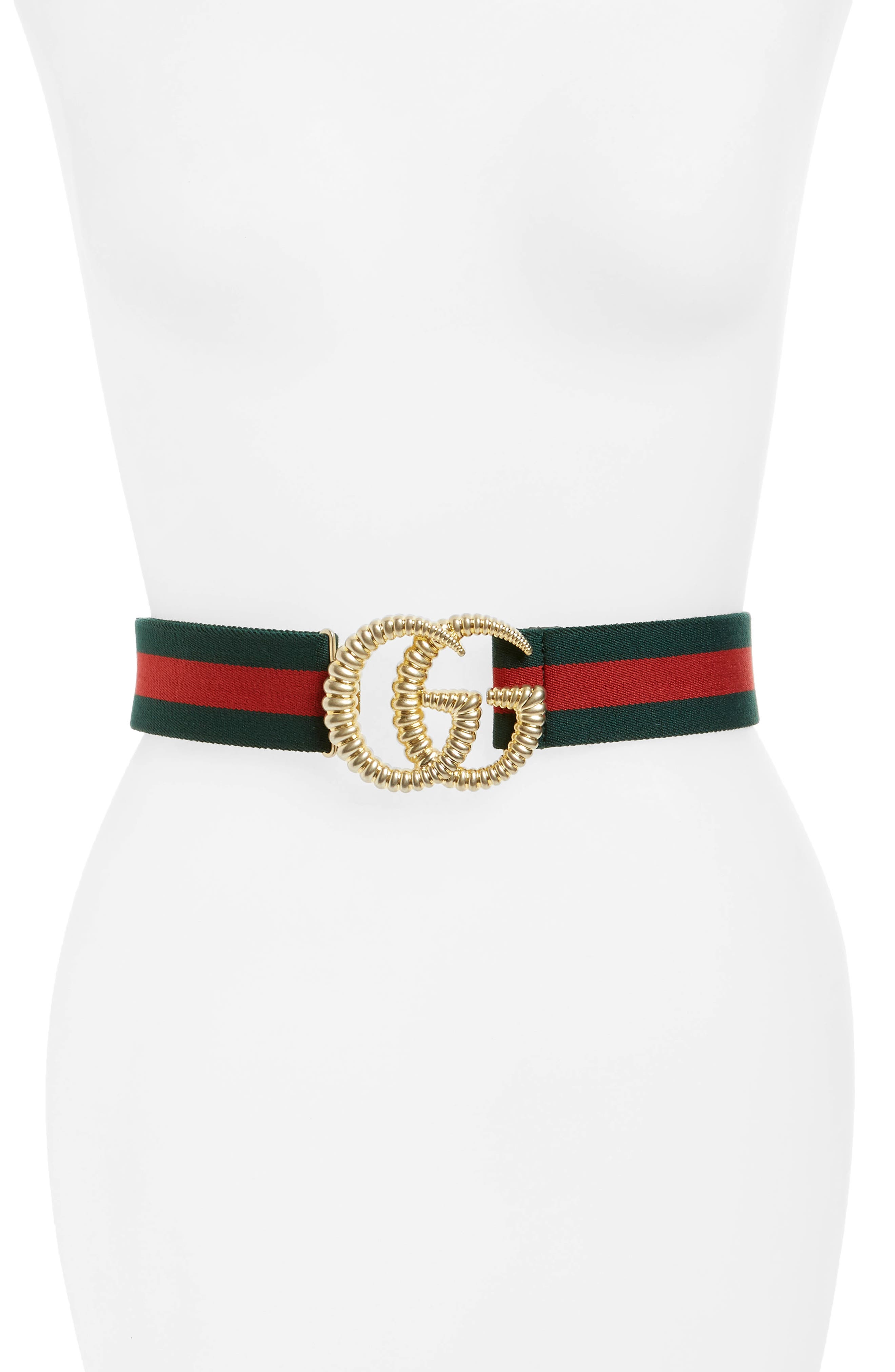 Gucci Logo Buckle Stripe Webbed Belt, Verde