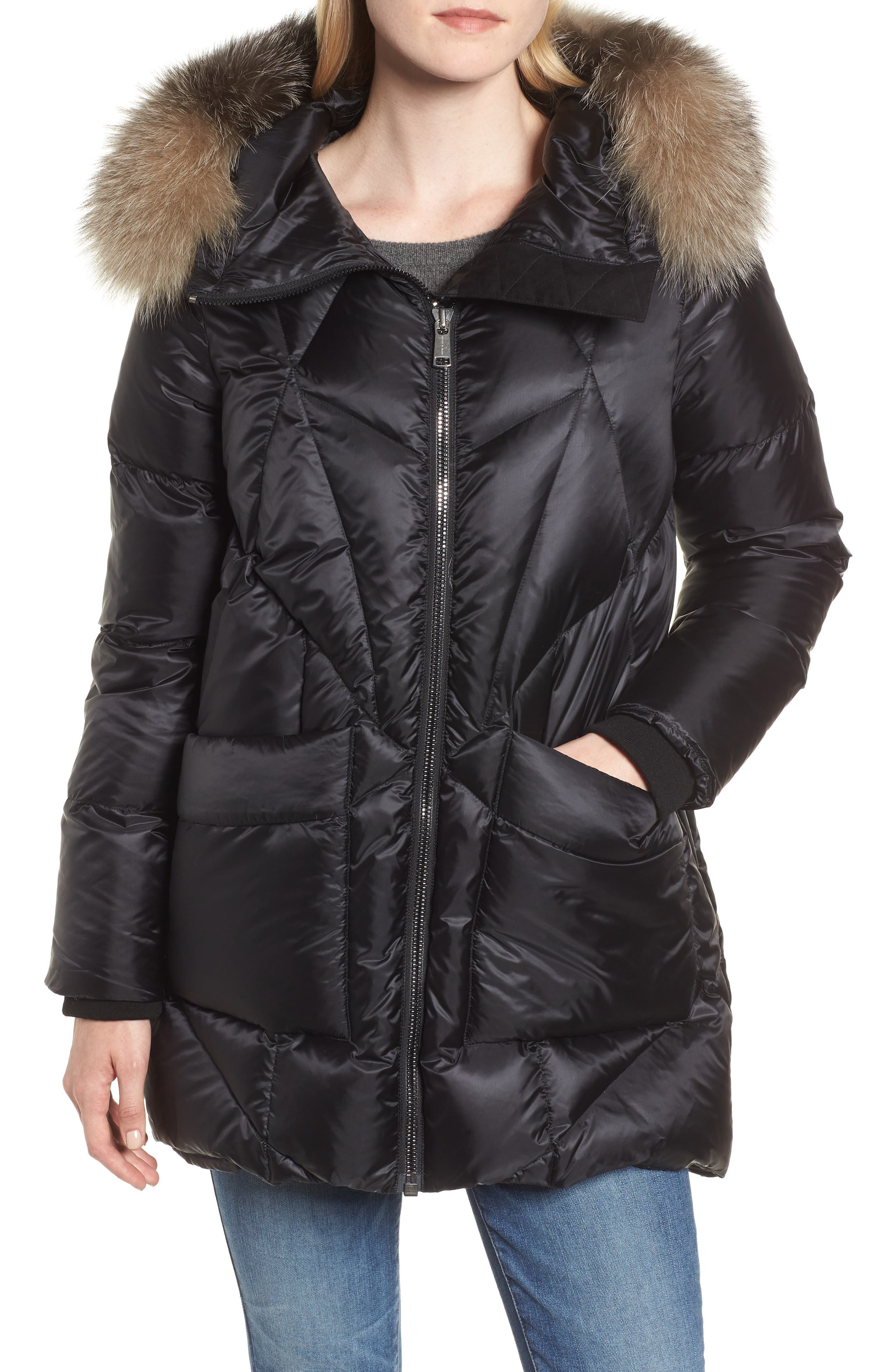 Andrew Marc Genuine Fox Fur Trim Quilted Down Coat, Black