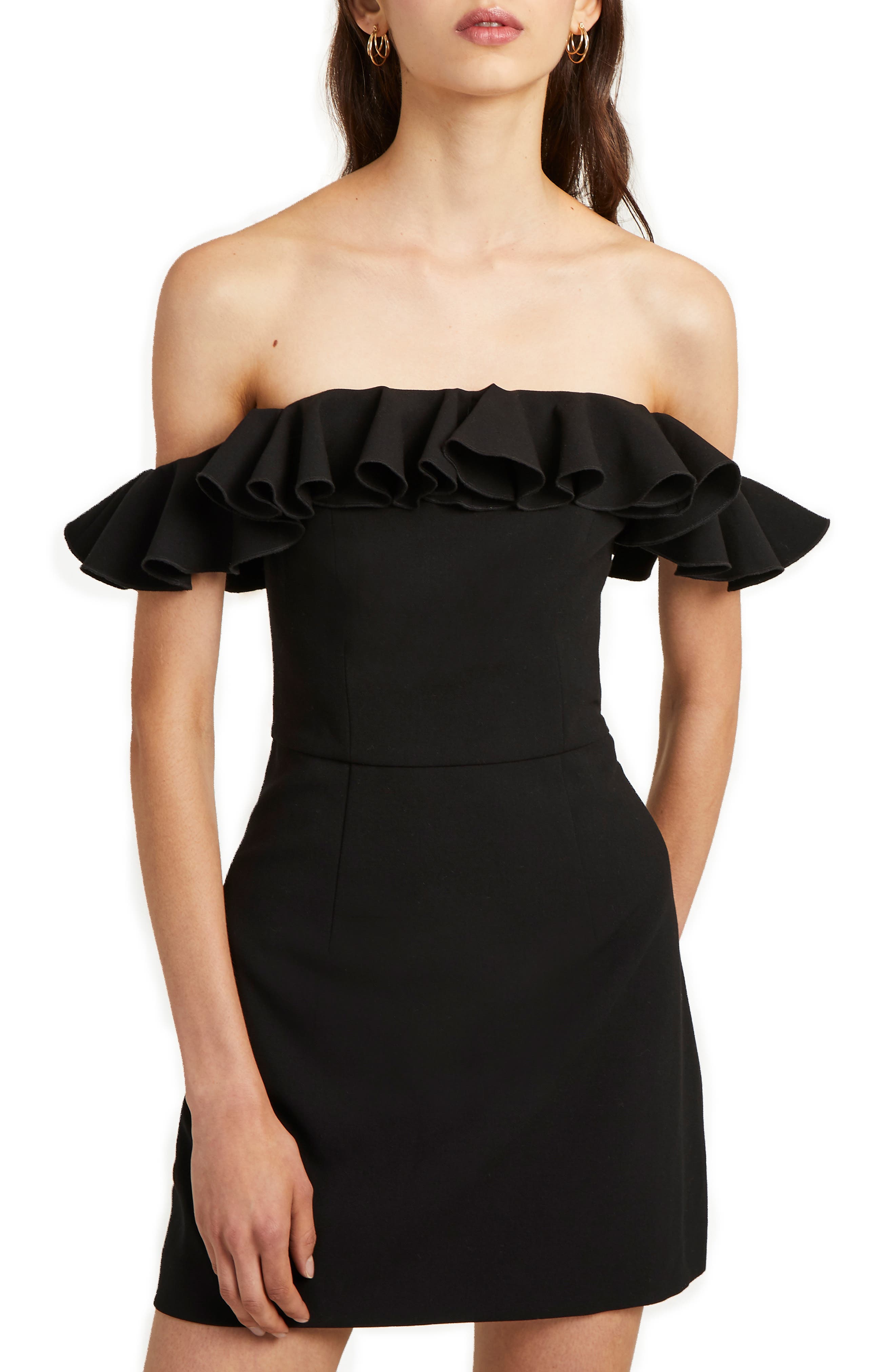 French Connection Whisper Light Off The Shoulder Ruffle Dress, Black