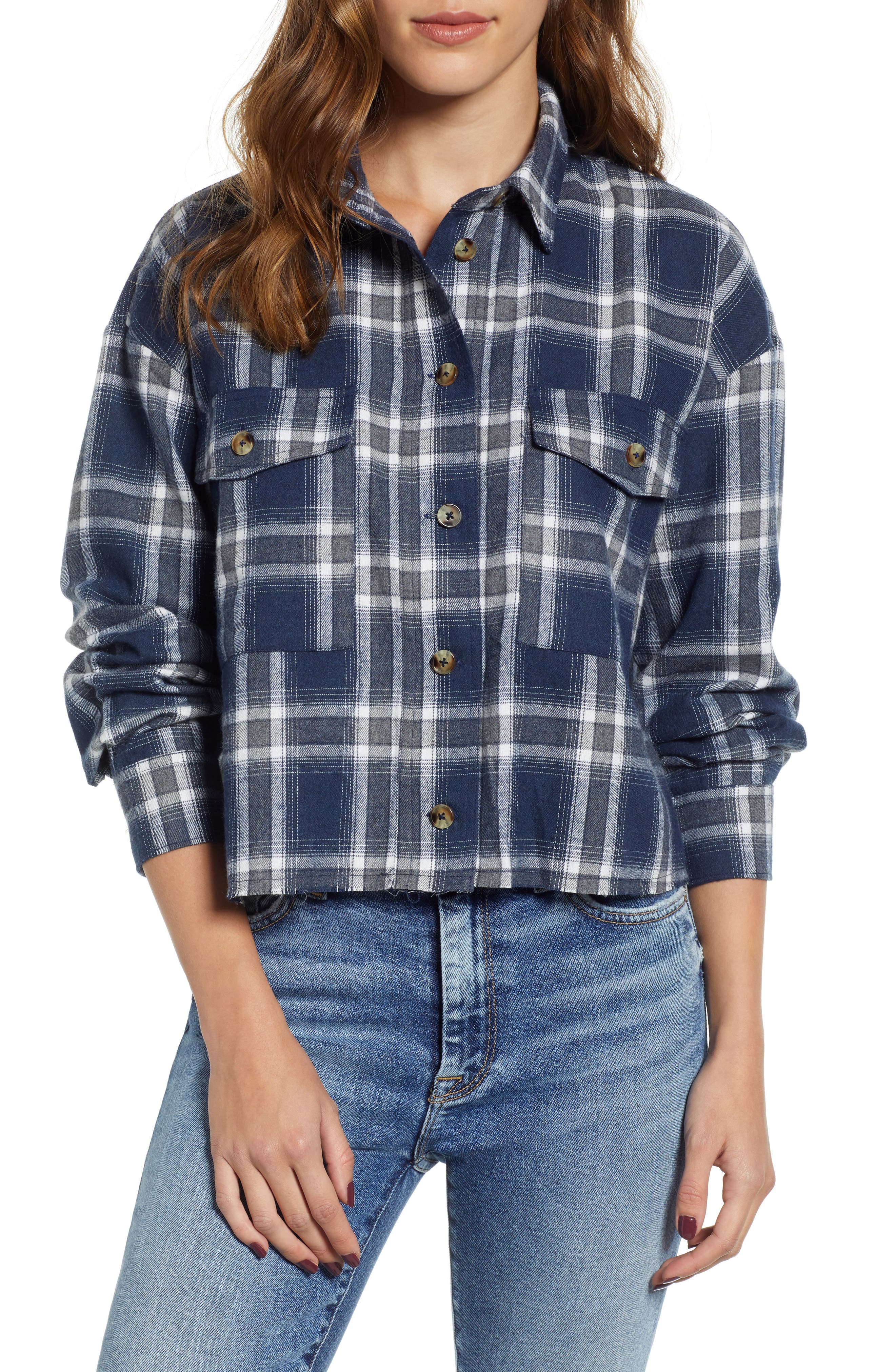 Good Luck Gem Flannel Crop Shirt, Blue