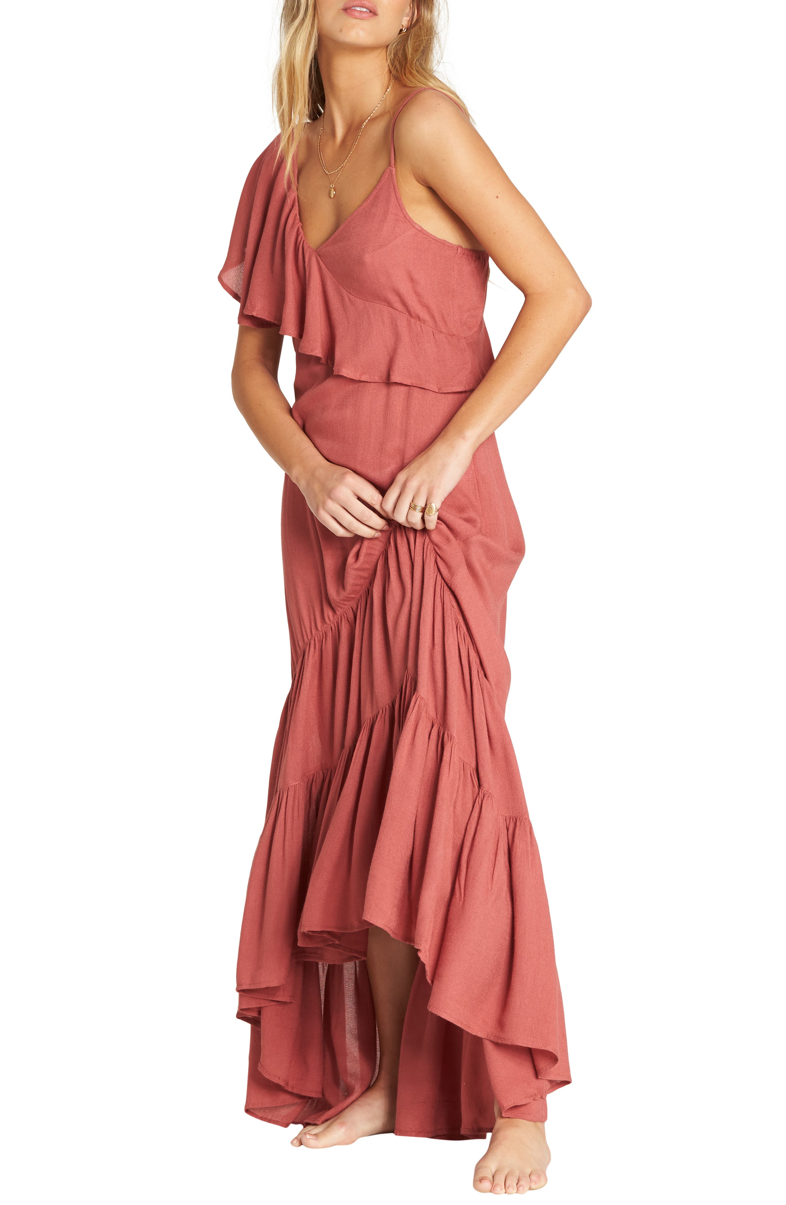Billabong Kiss To Tell One-Shoulder Maxi Dress, Coral