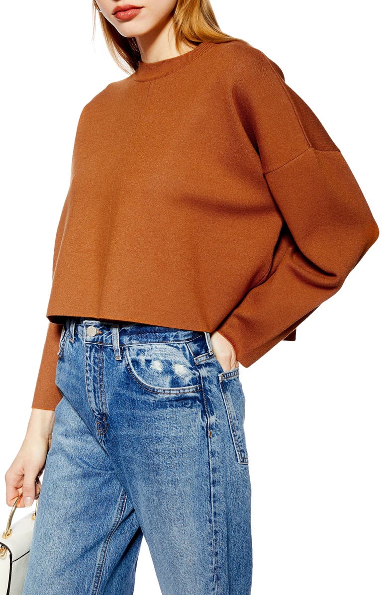 TOPSHOP Bonded Boxy Cropped Sweater, Main, color, BROWN MULTI