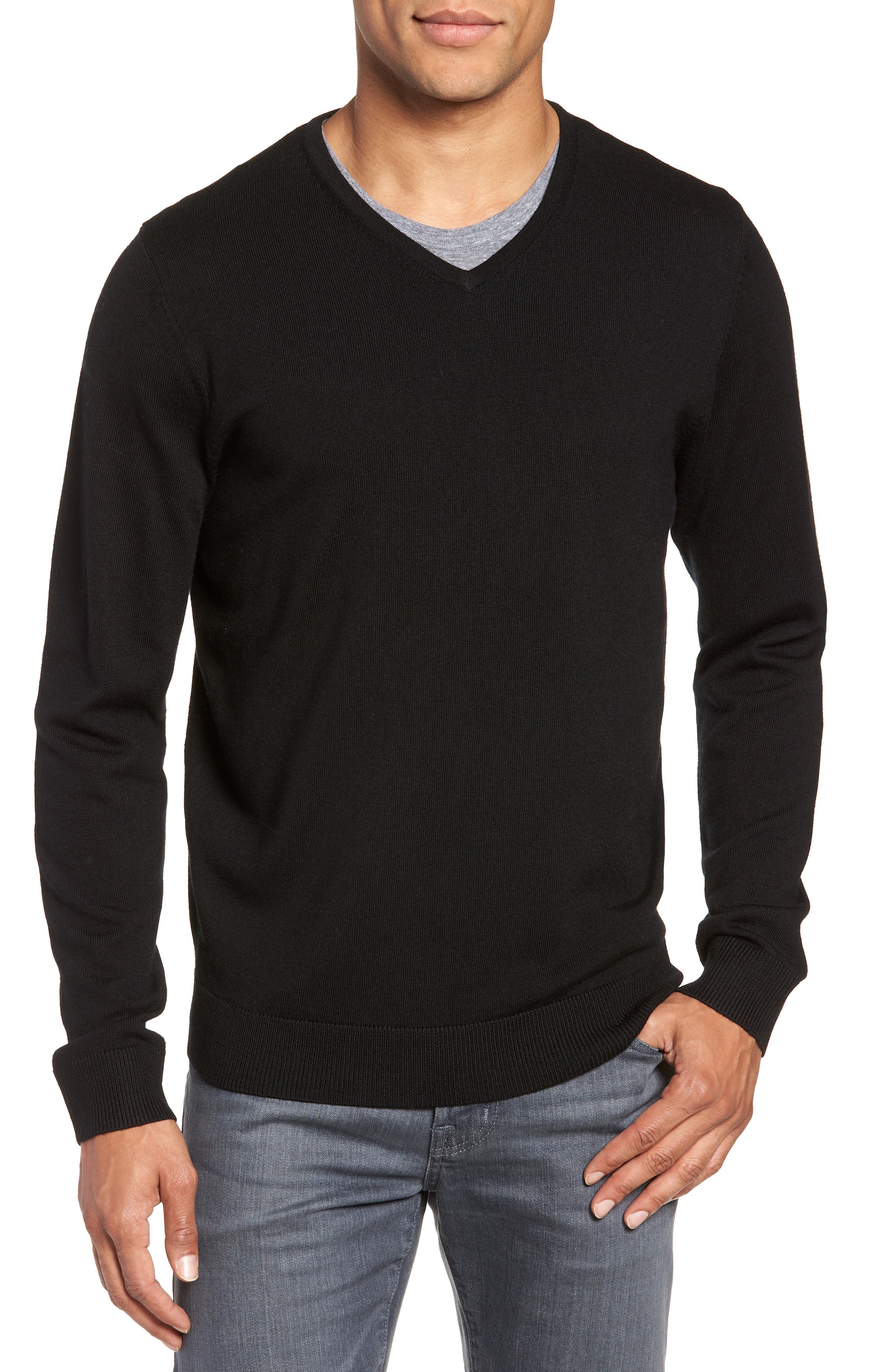 Nordstrom Shop Washable Merino Wool V-Neck Sweater, Black