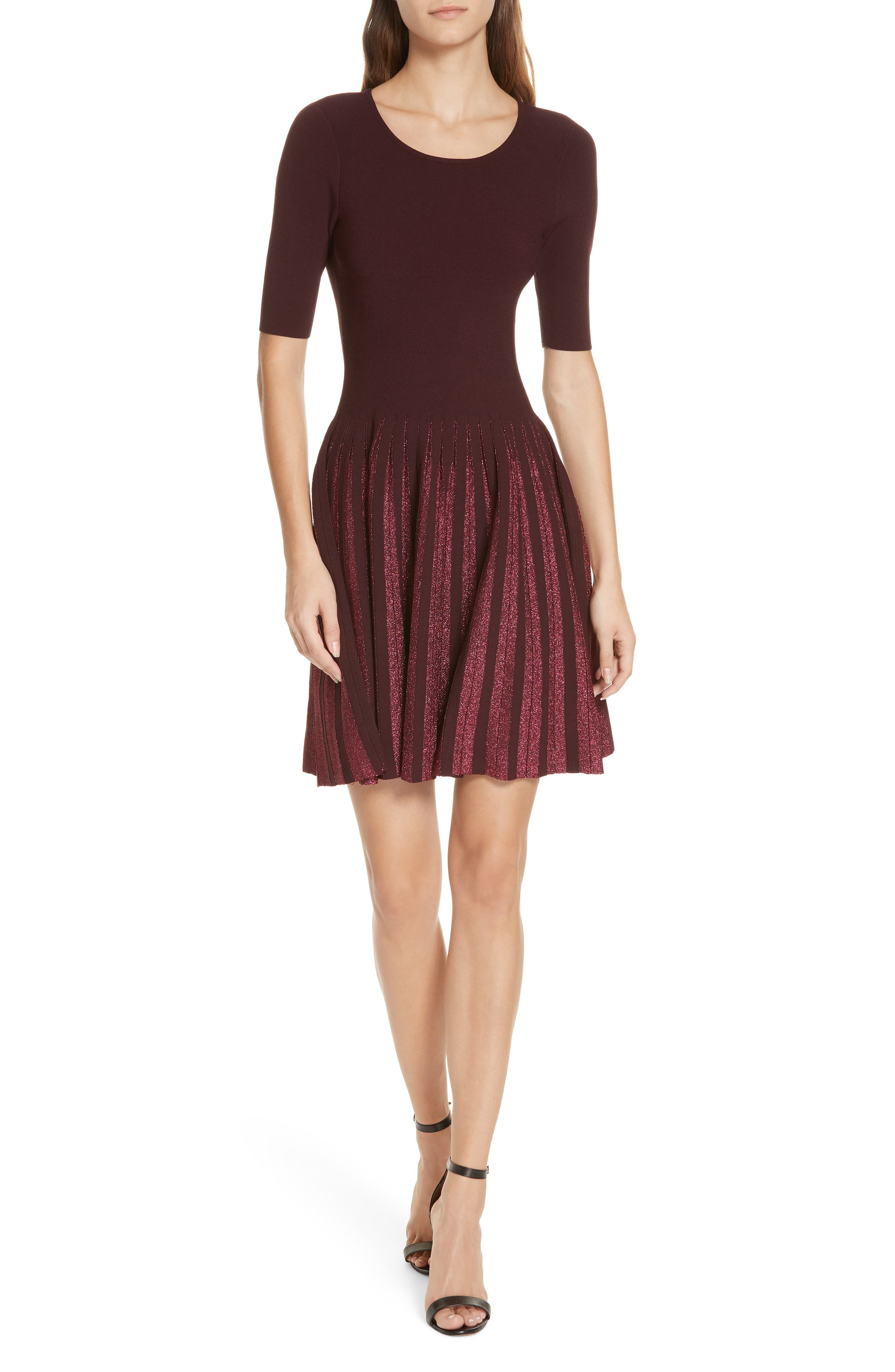 Milly Metallic Pleat Fit & Flare Dress, Blue