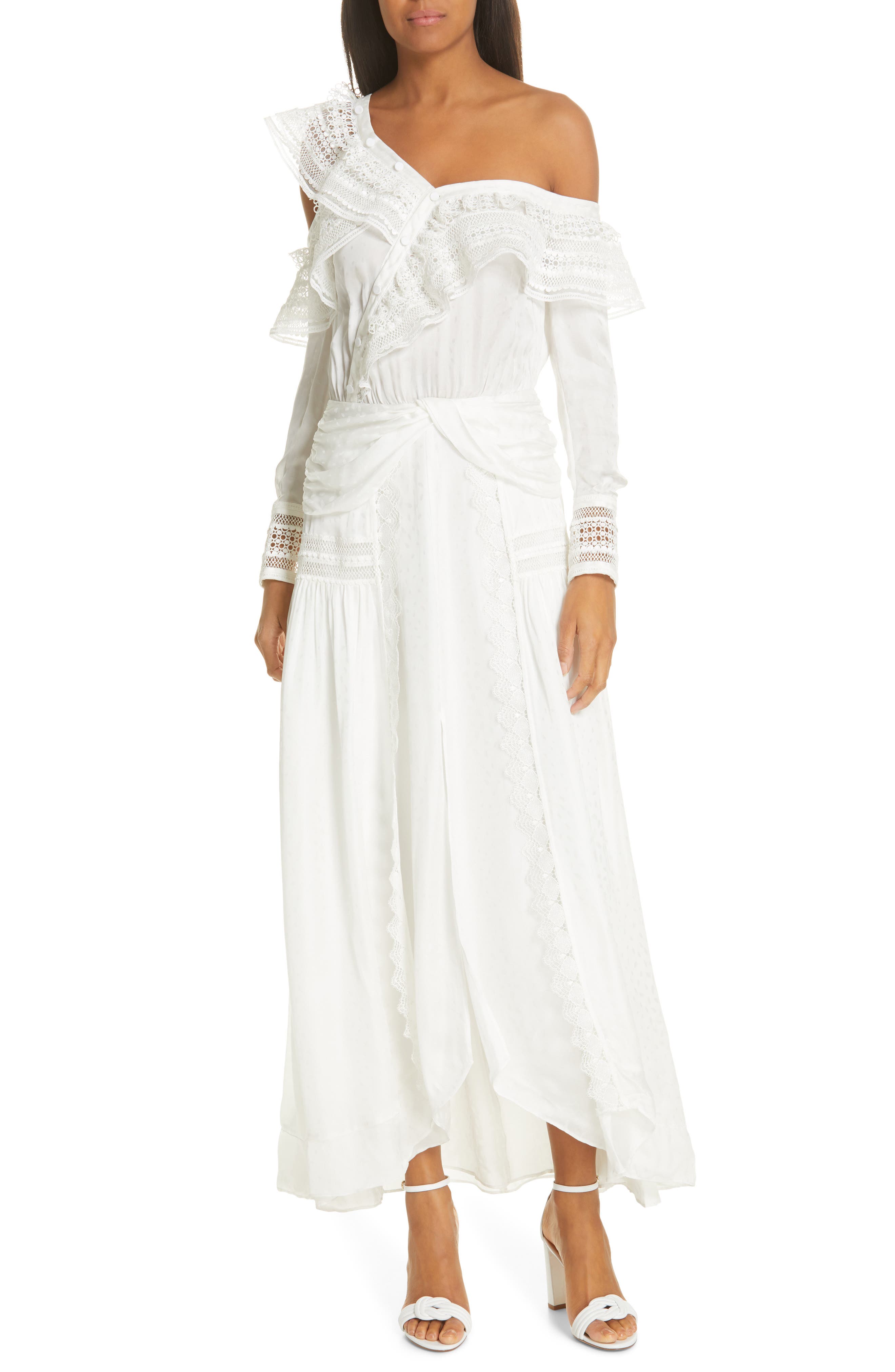 Self-Portrait Frill Long Sleeve One-Shoulder Maxi Dress, Ivory