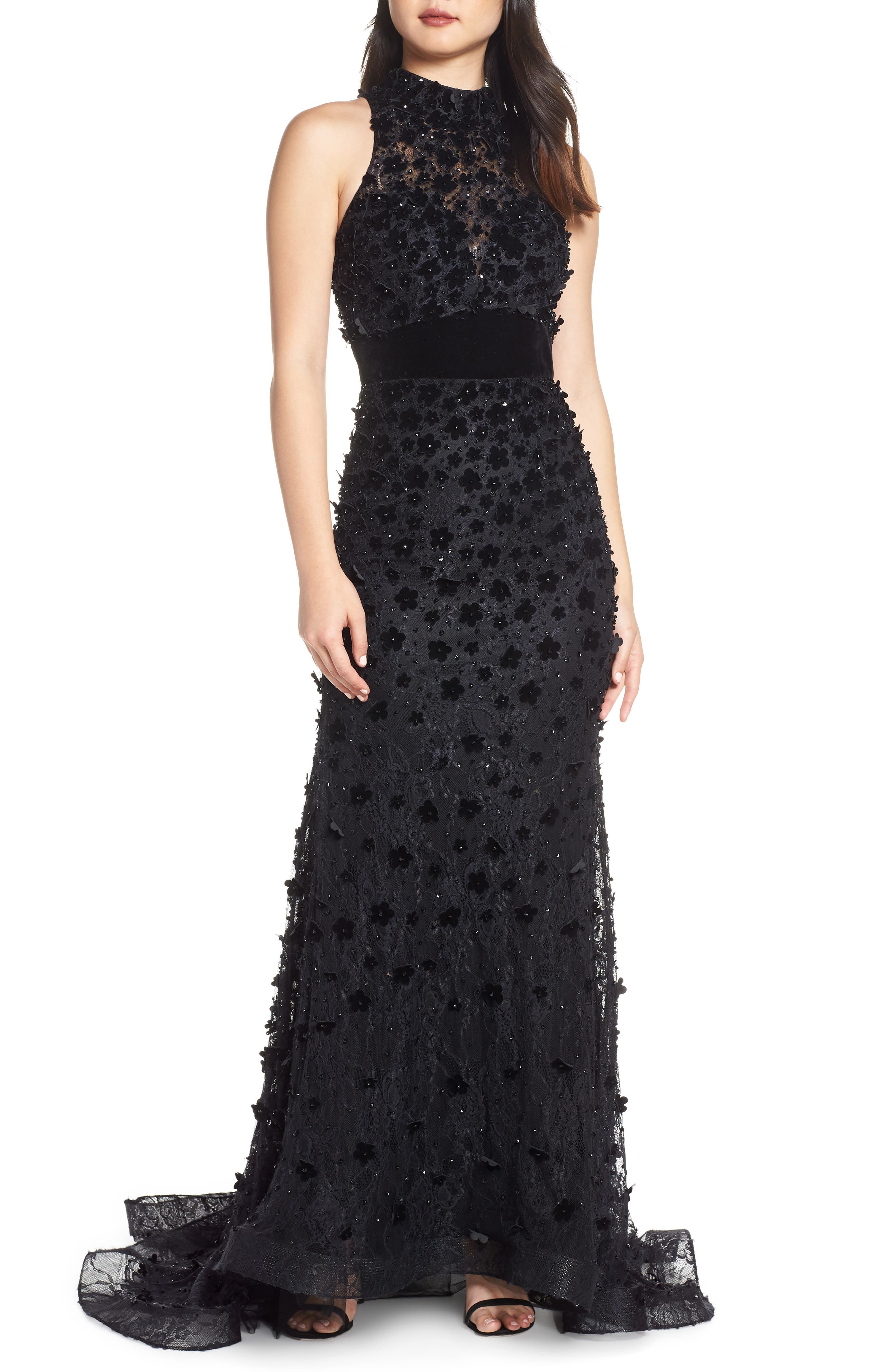 MAC Duggal 3D Lace Evening Dress With Train, Black