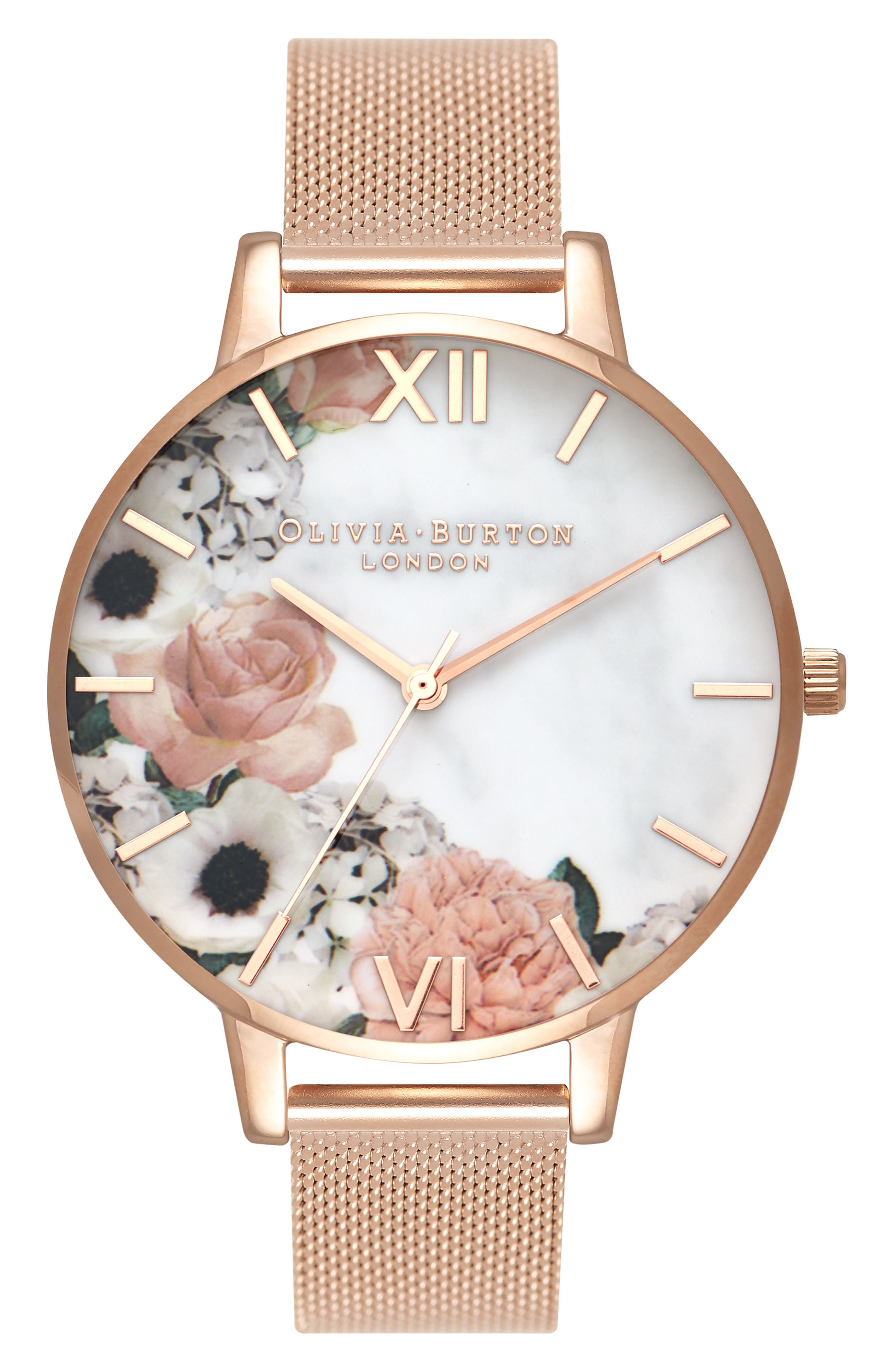 Olivia Burton Marble Floral Mesh Strap Watch, 38mm | Nordstrom