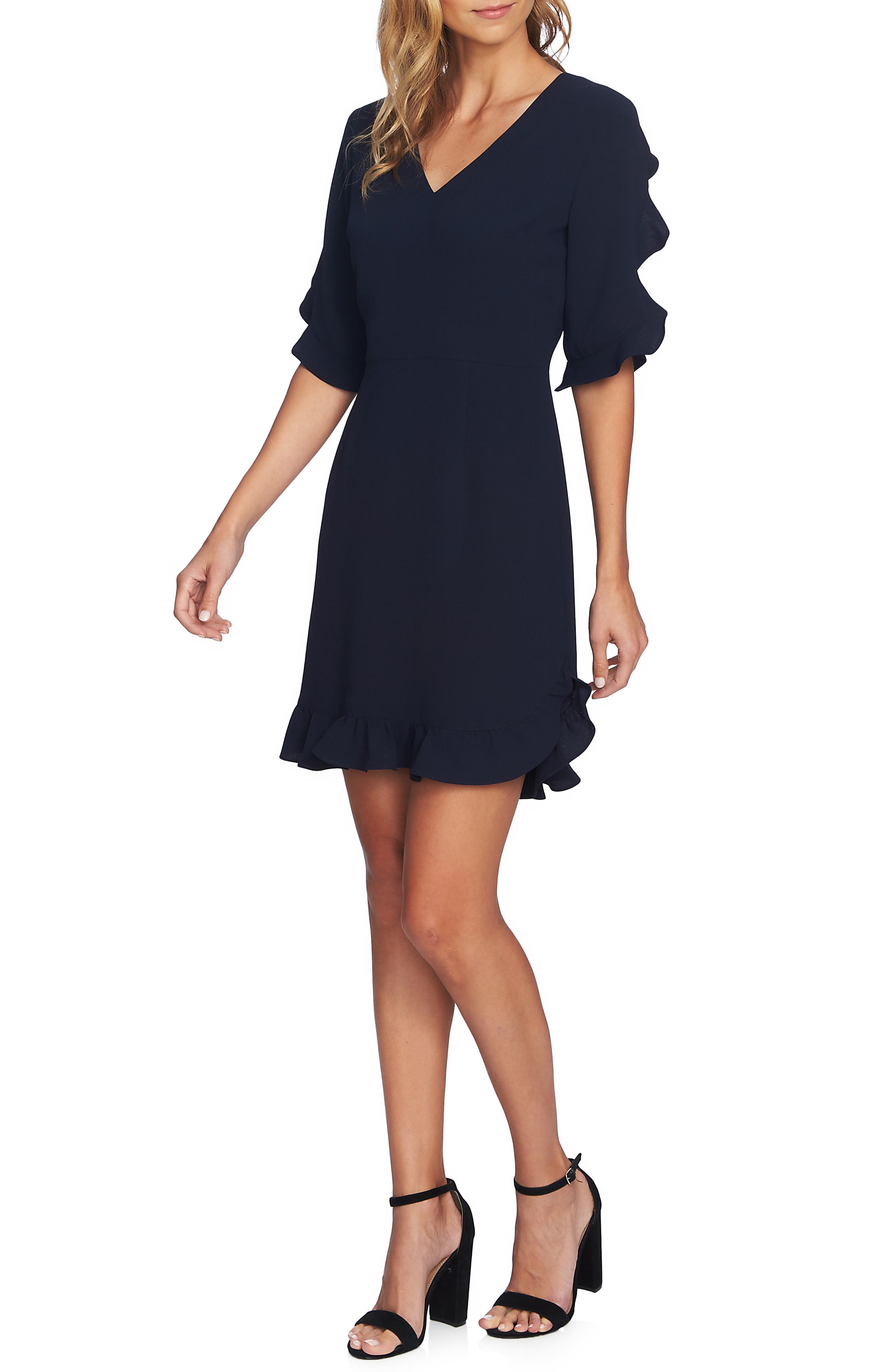 Cece Ruffle V-Neck A-Line Dress, Blue