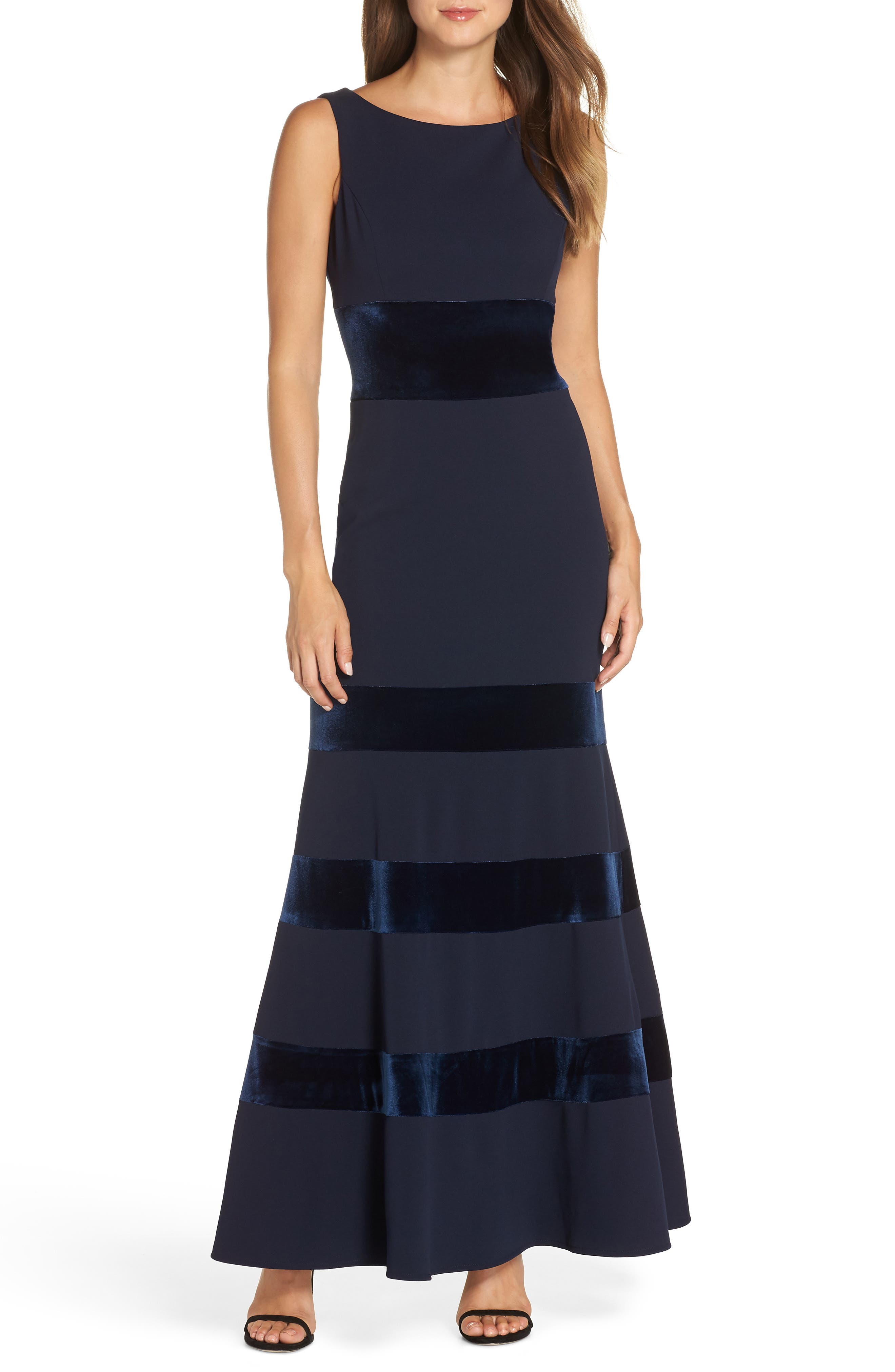 Vince Camuto Velvet & Scuba Crepe Mermaid Gown, Blue