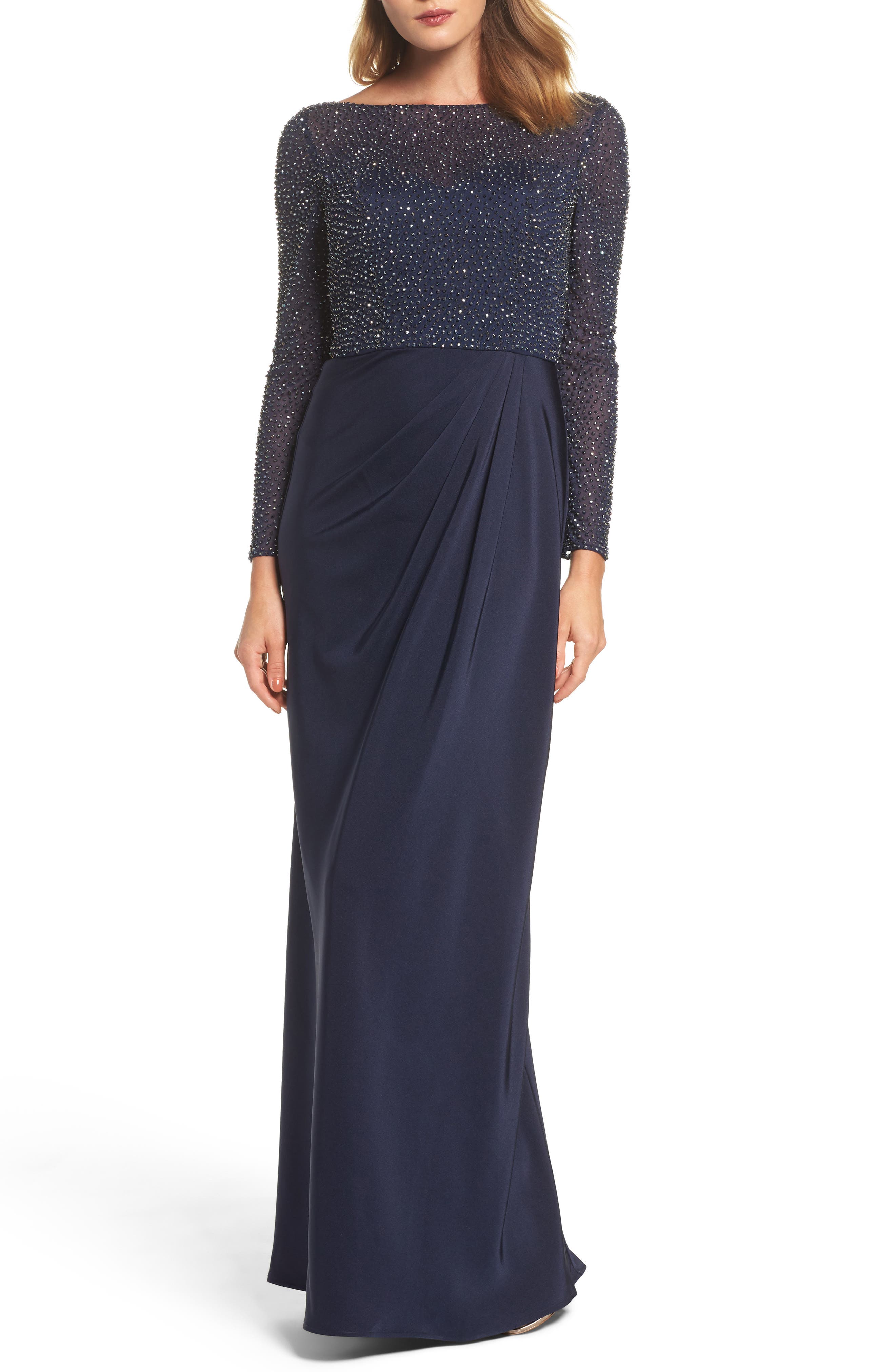 La Femme Bead Embellished Gown, Blue