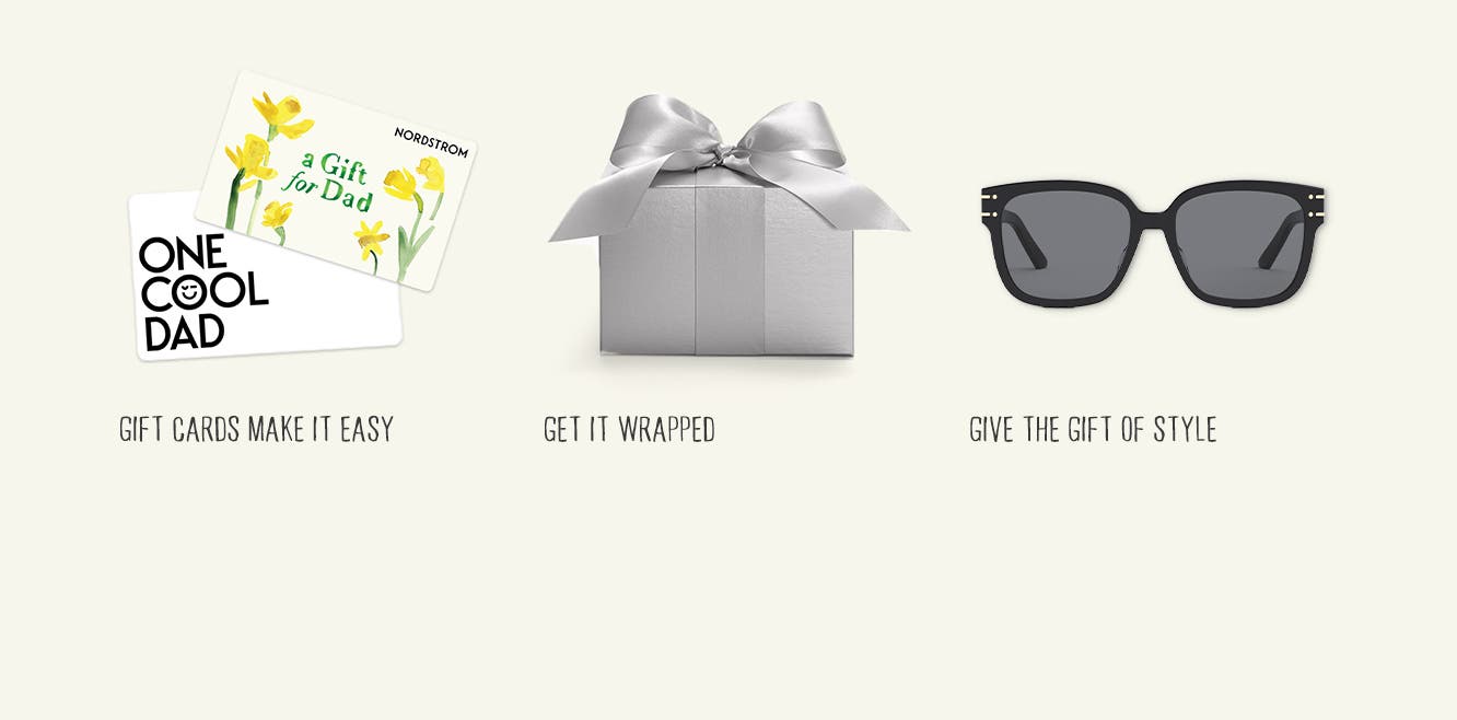 Nordstrom Gift Cards. A silver Nordstrom gift box. A pair of sunglasses.