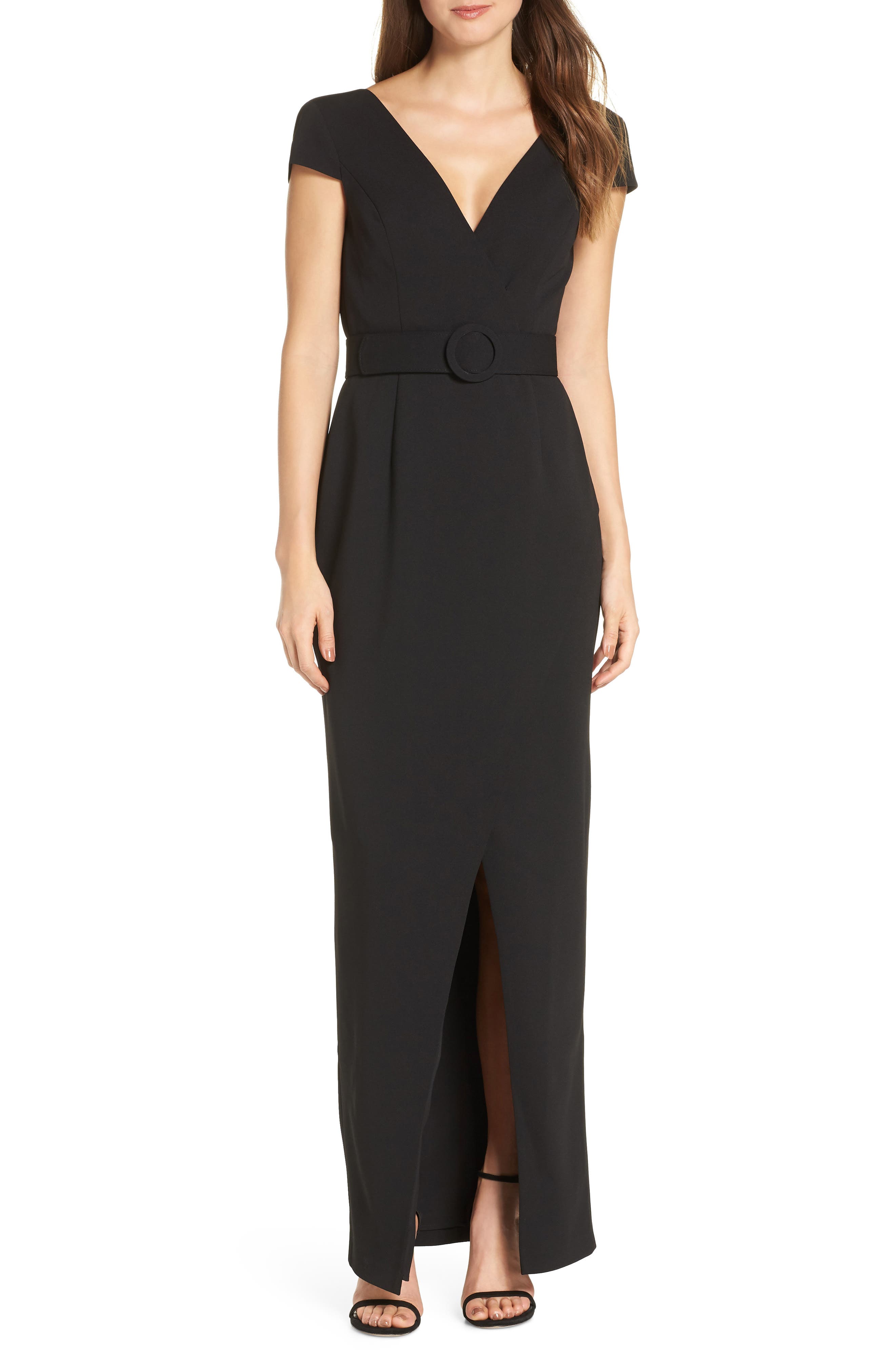 Vince Camuto Belted V-Neck Evening Dress, Black