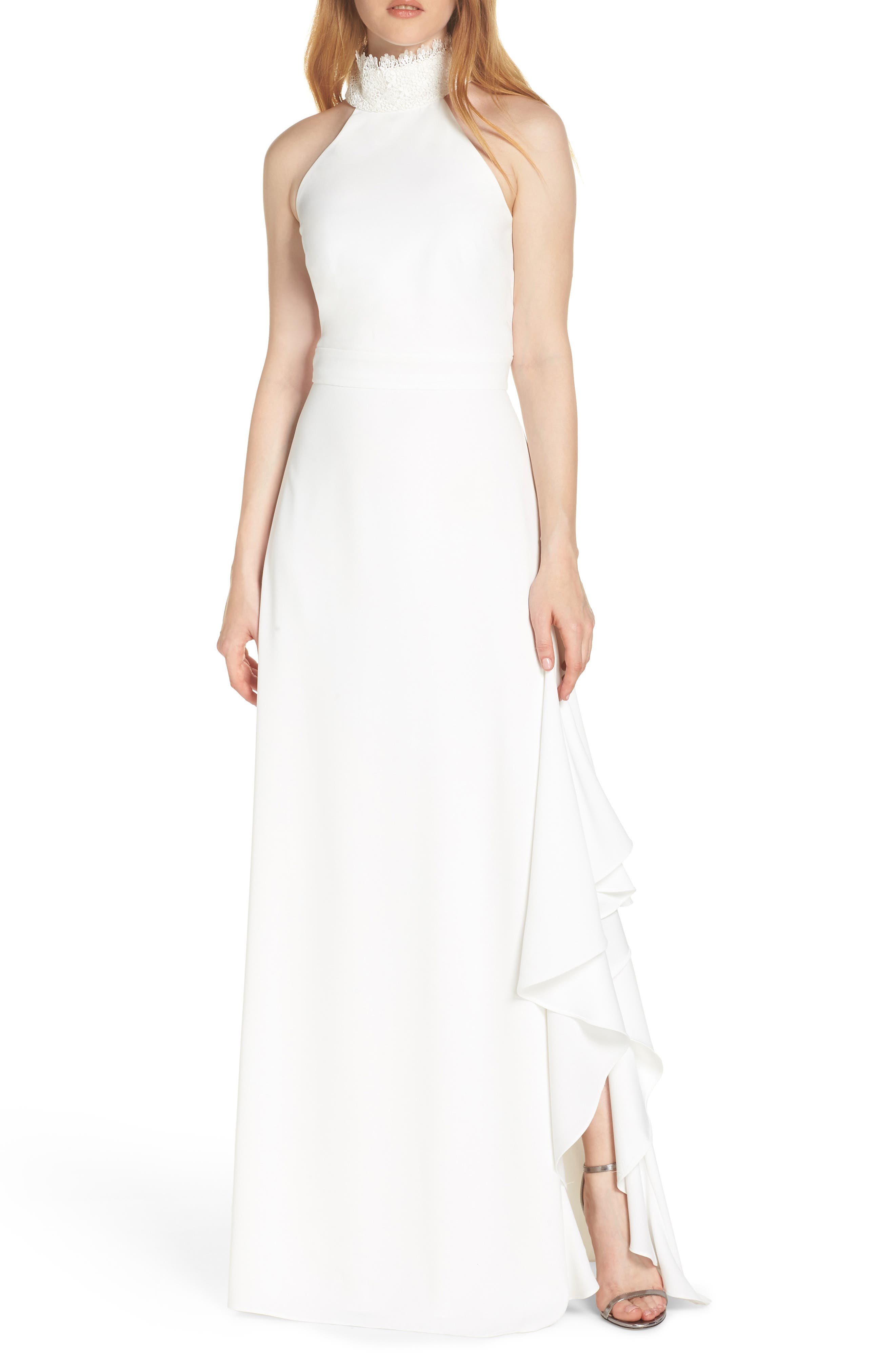 Ml Monique Lhuillier Lace Neck Crepe Evening Dress
