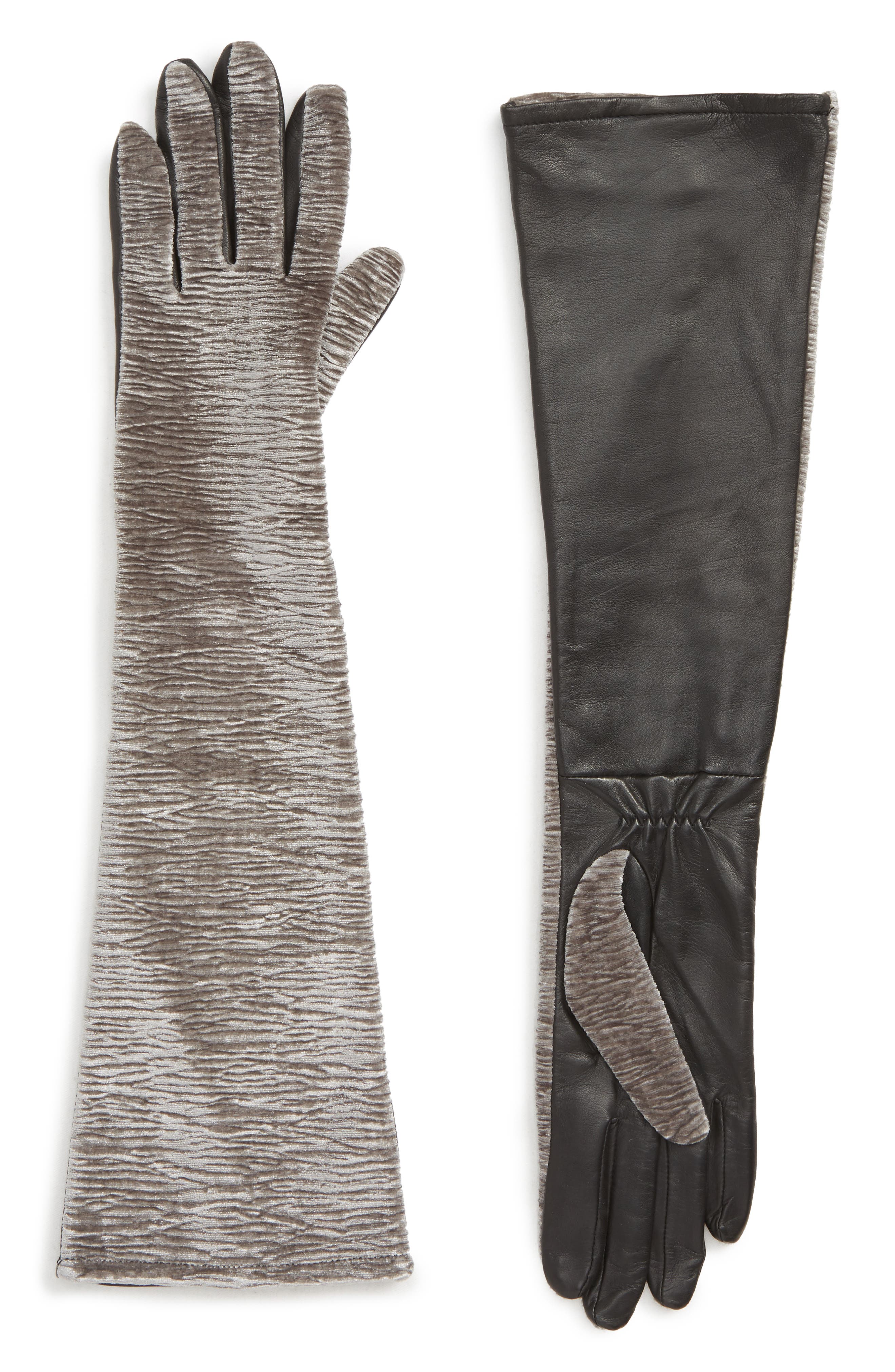 Badgley Mischka Velvet & Leather Long Gloves, Grey