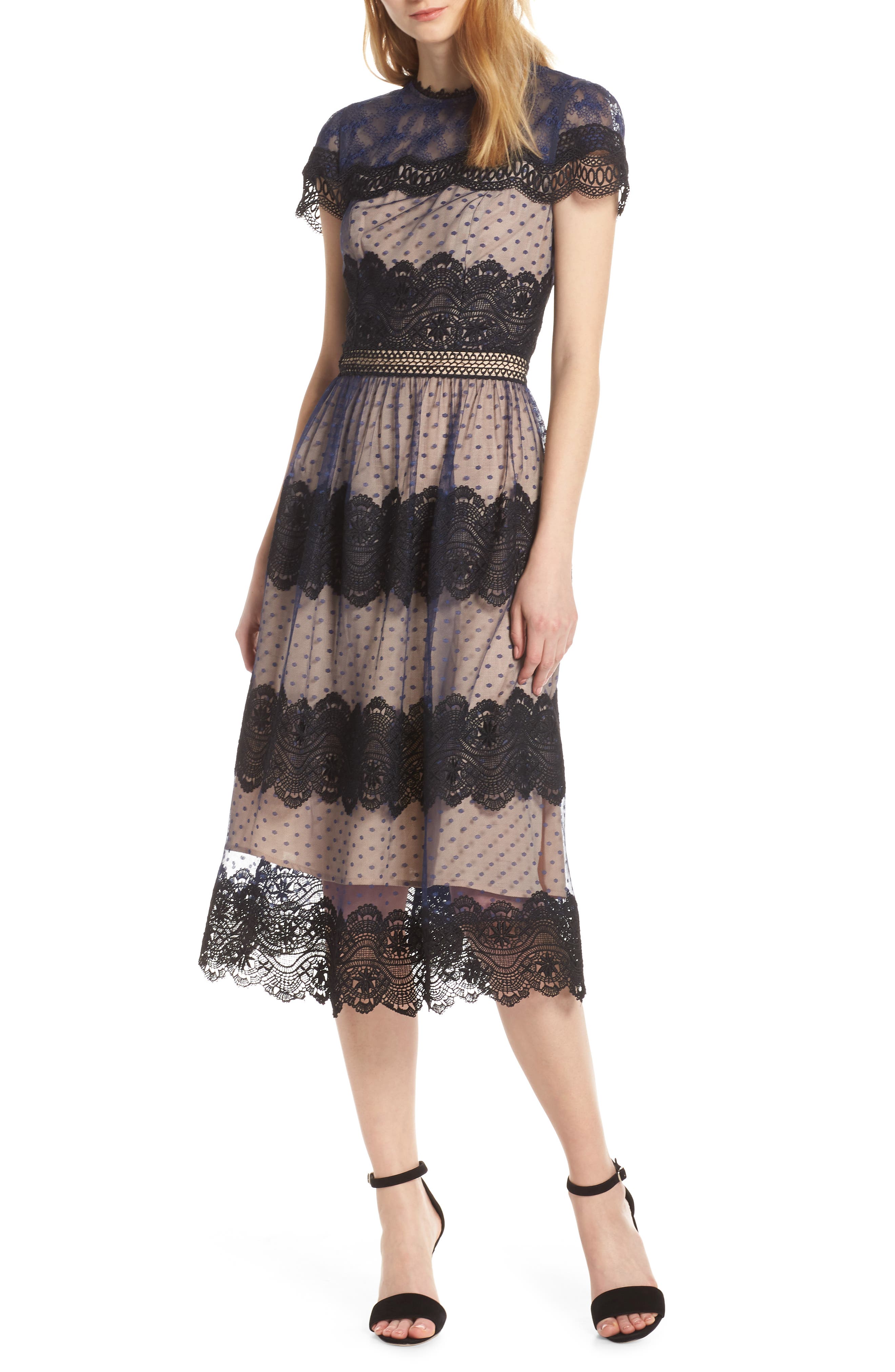 Chelsea28 Mixed Lace Midi Dress, Black